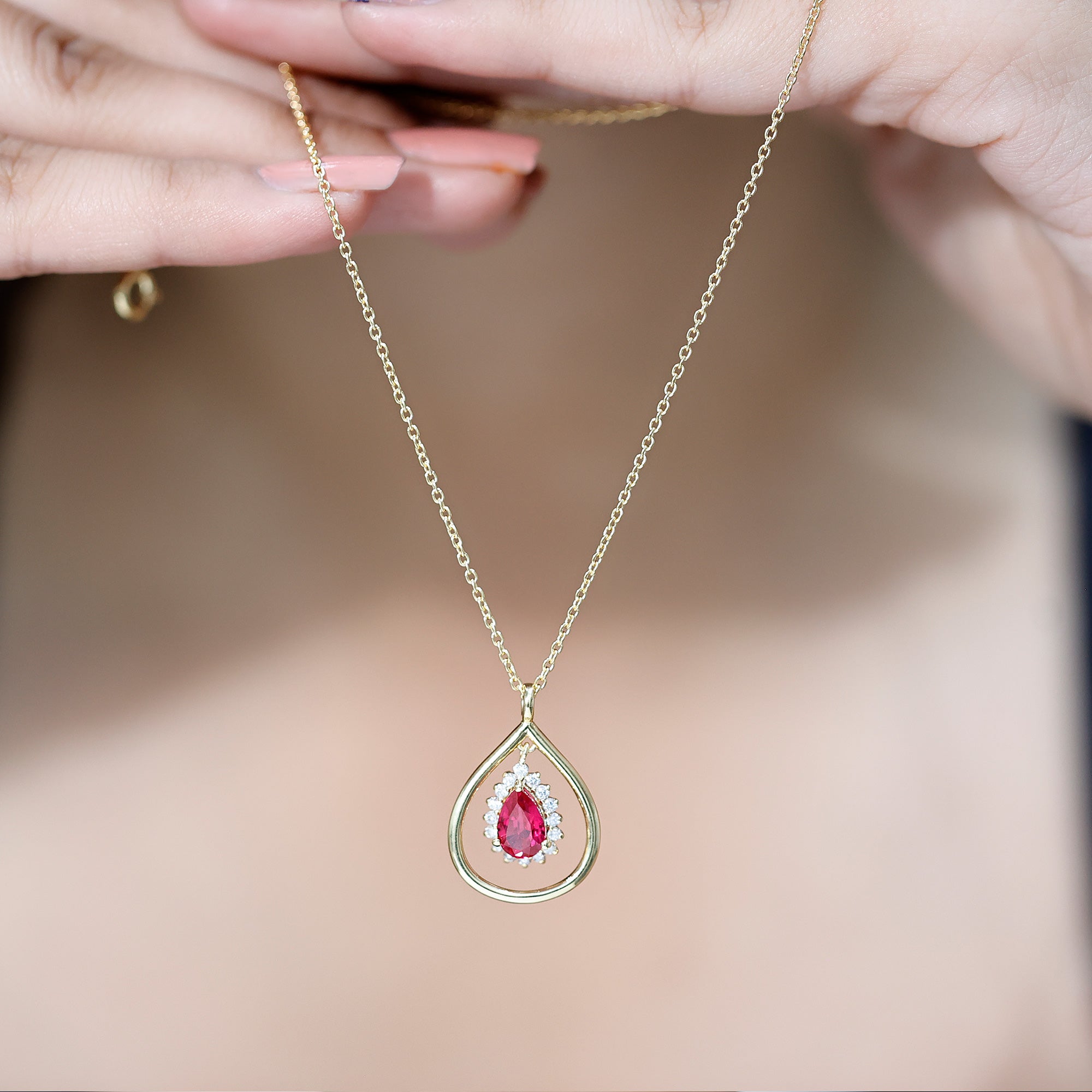 Lab Grown Ruby and Diamond Teardrop Necklace with Silver Chain