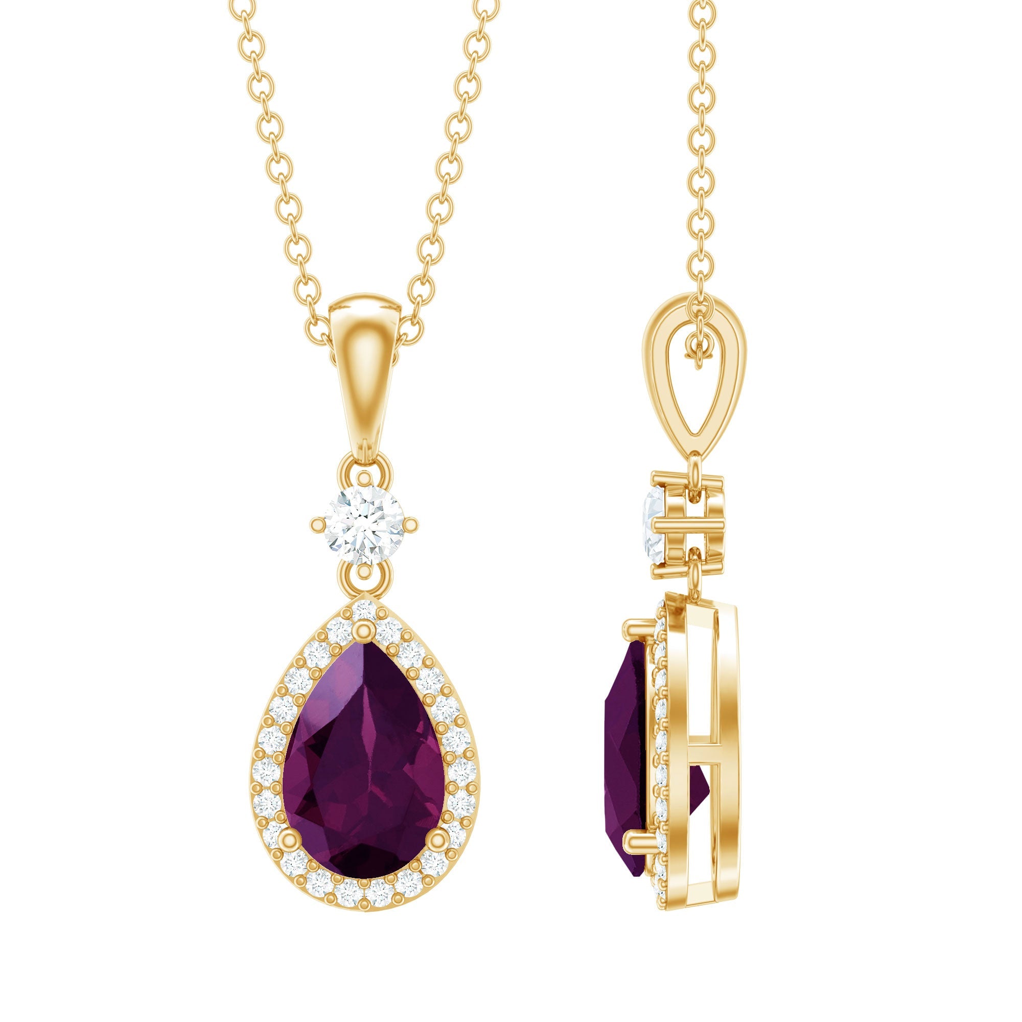 Certified Rhodolite Garnet Teardrop Necklace with Diamond Halo
