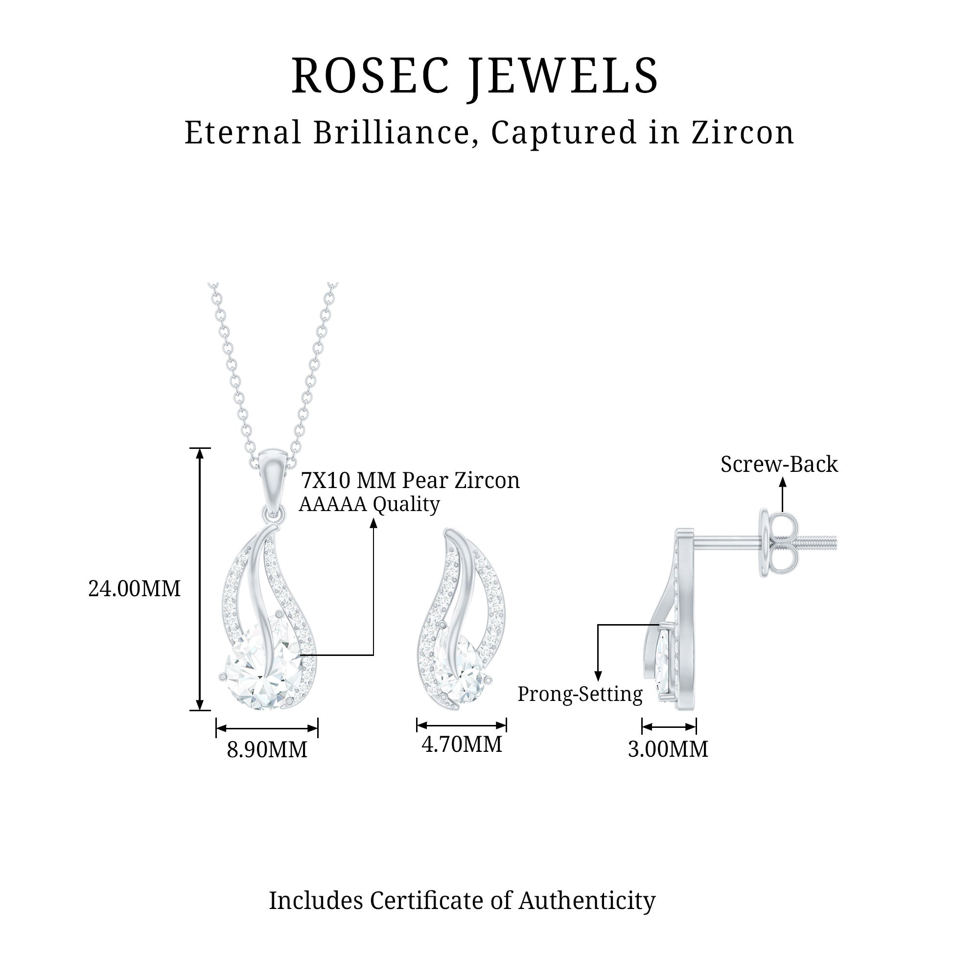 Pear Cut Cubic Zirconia Bridal Necklace and Earrings Set in Silver