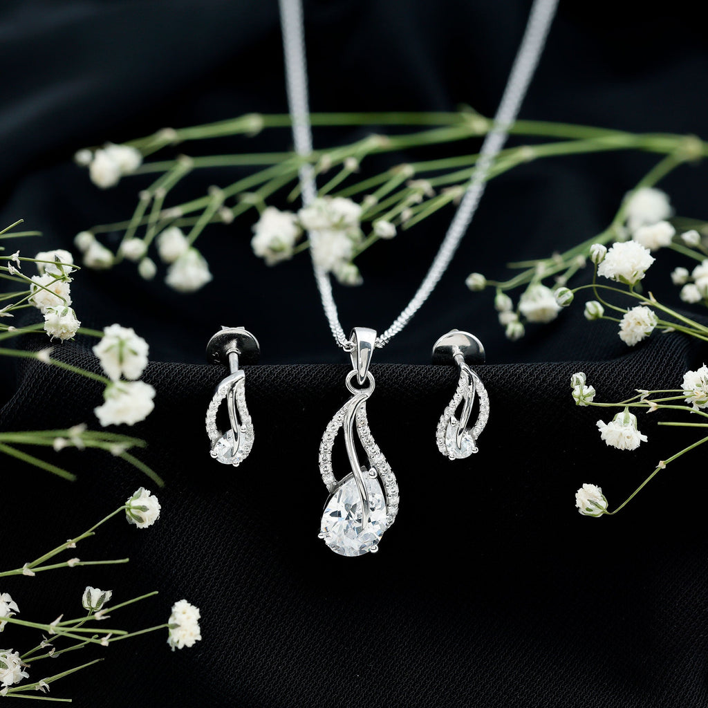 Pear Cut Cubic Zirconia Bridal Necklace and Earrings Set in Silver