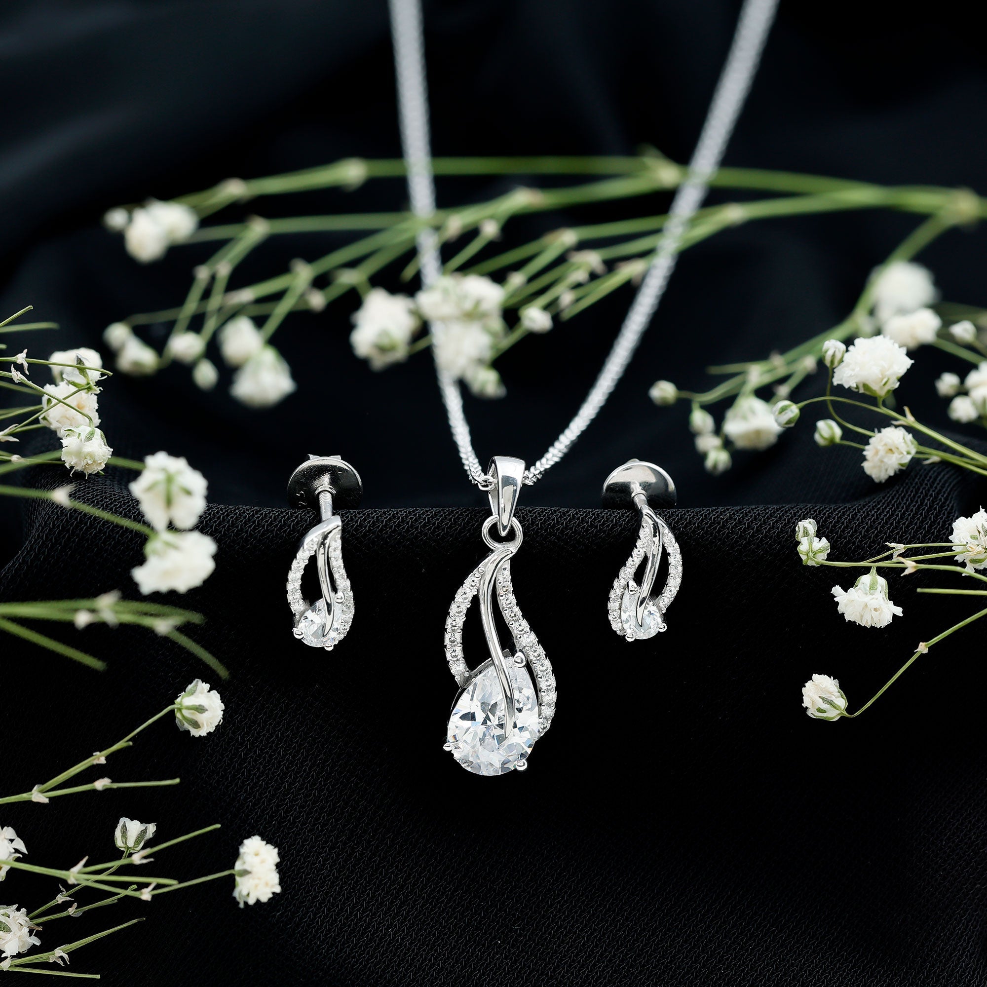 Pear Cut Cubic Zirconia Bridal Necklace and Earrings Set in Silver
