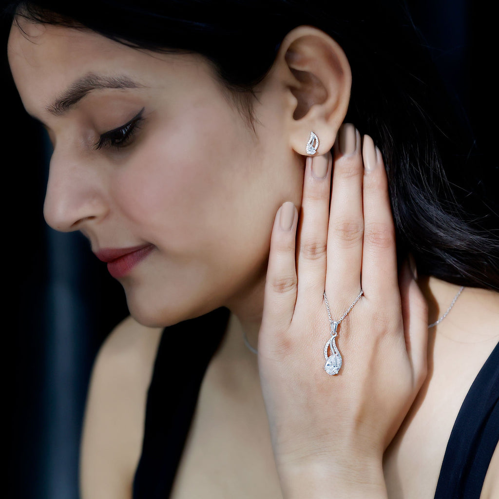 Pear Cut Cubic Zirconia Bridal Necklace and Earrings Set in Silver