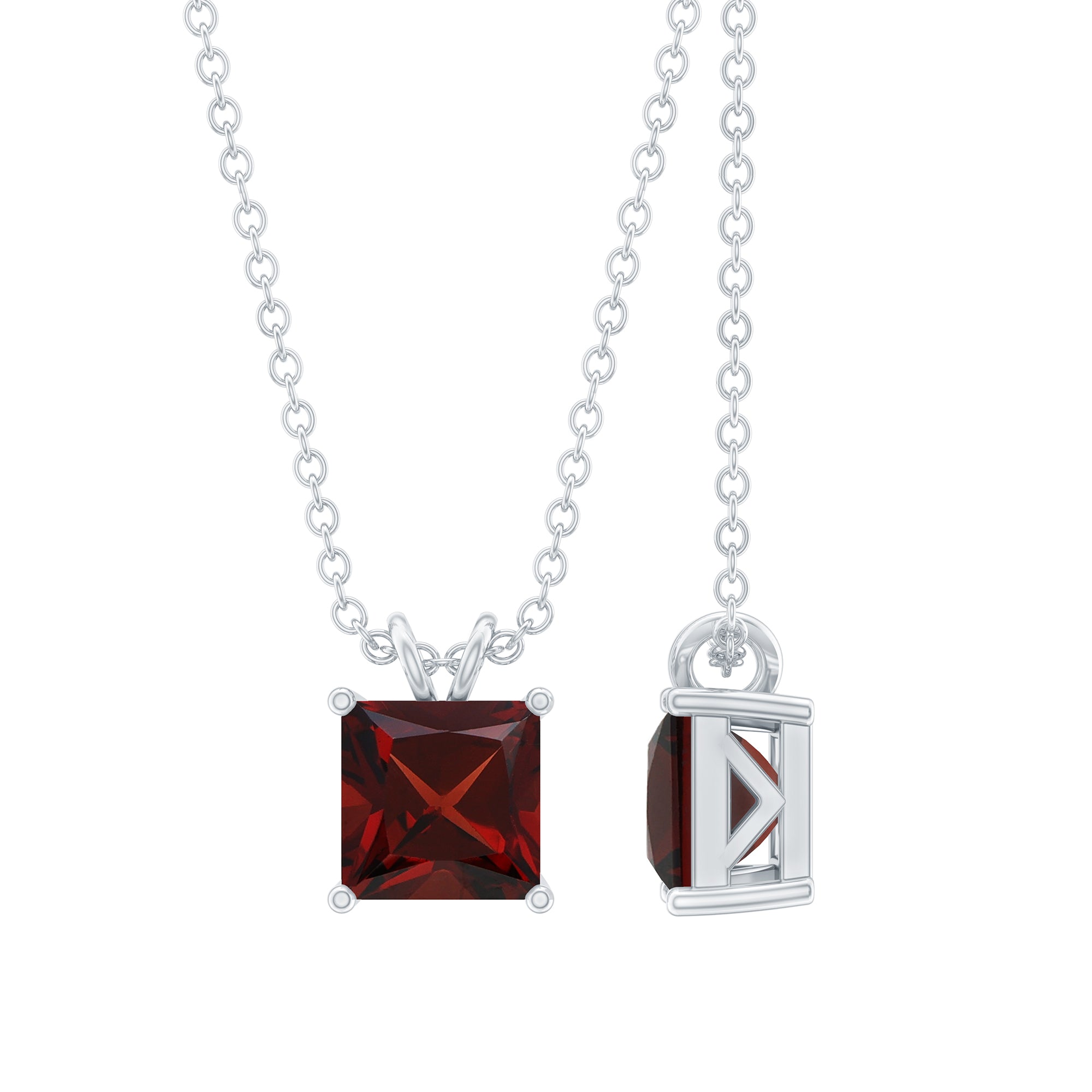 Solitaire 6 MM Garnet Princess Cut Pendant Necklace with Chain