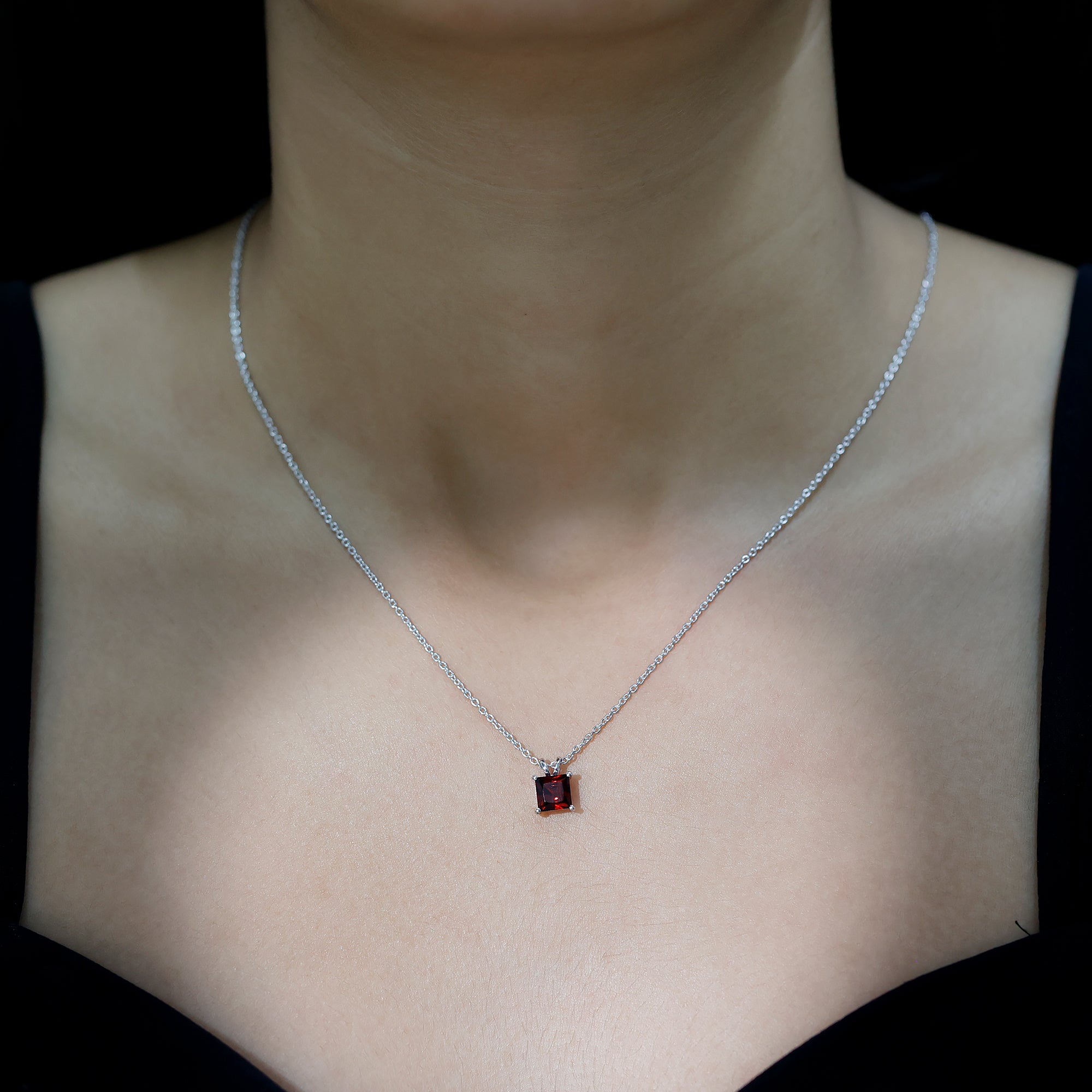 Solitaire 6 MM Garnet Princess Cut Pendant Necklace with Chain