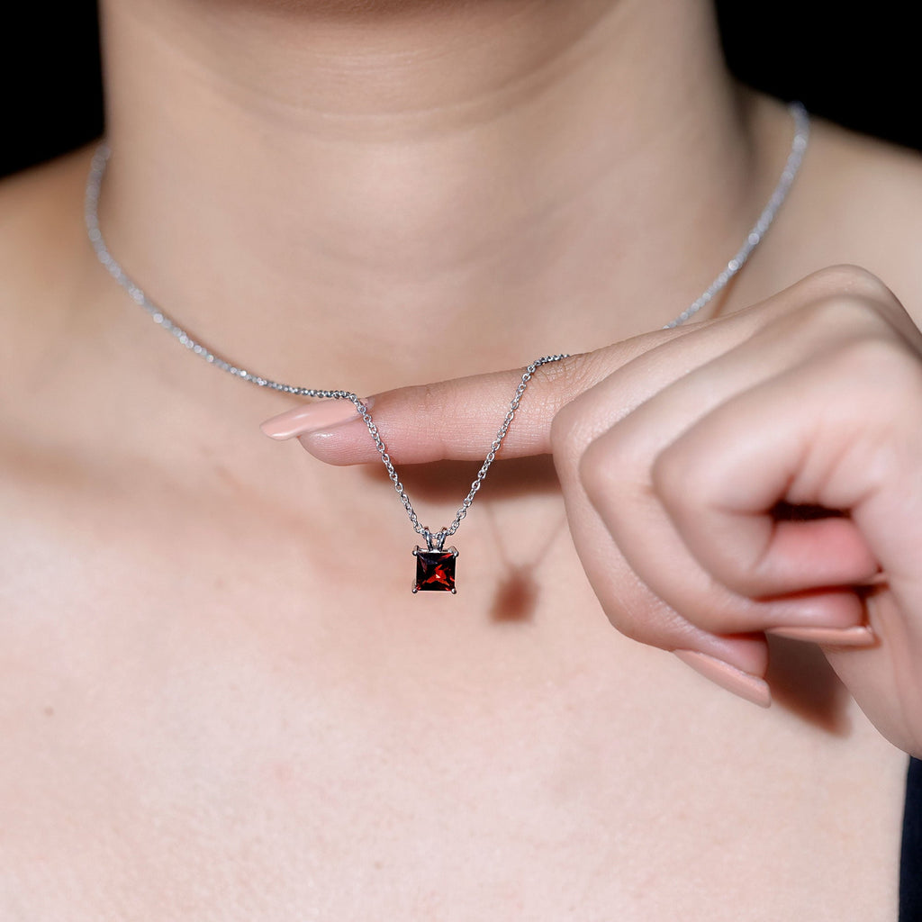 Solitaire 6 MM Garnet Princess Cut Pendant Necklace with Chain