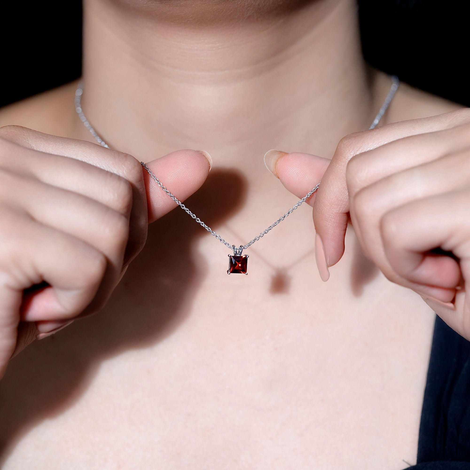 Solitaire 6 MM Garnet Princess Cut Pendant Necklace with Chain