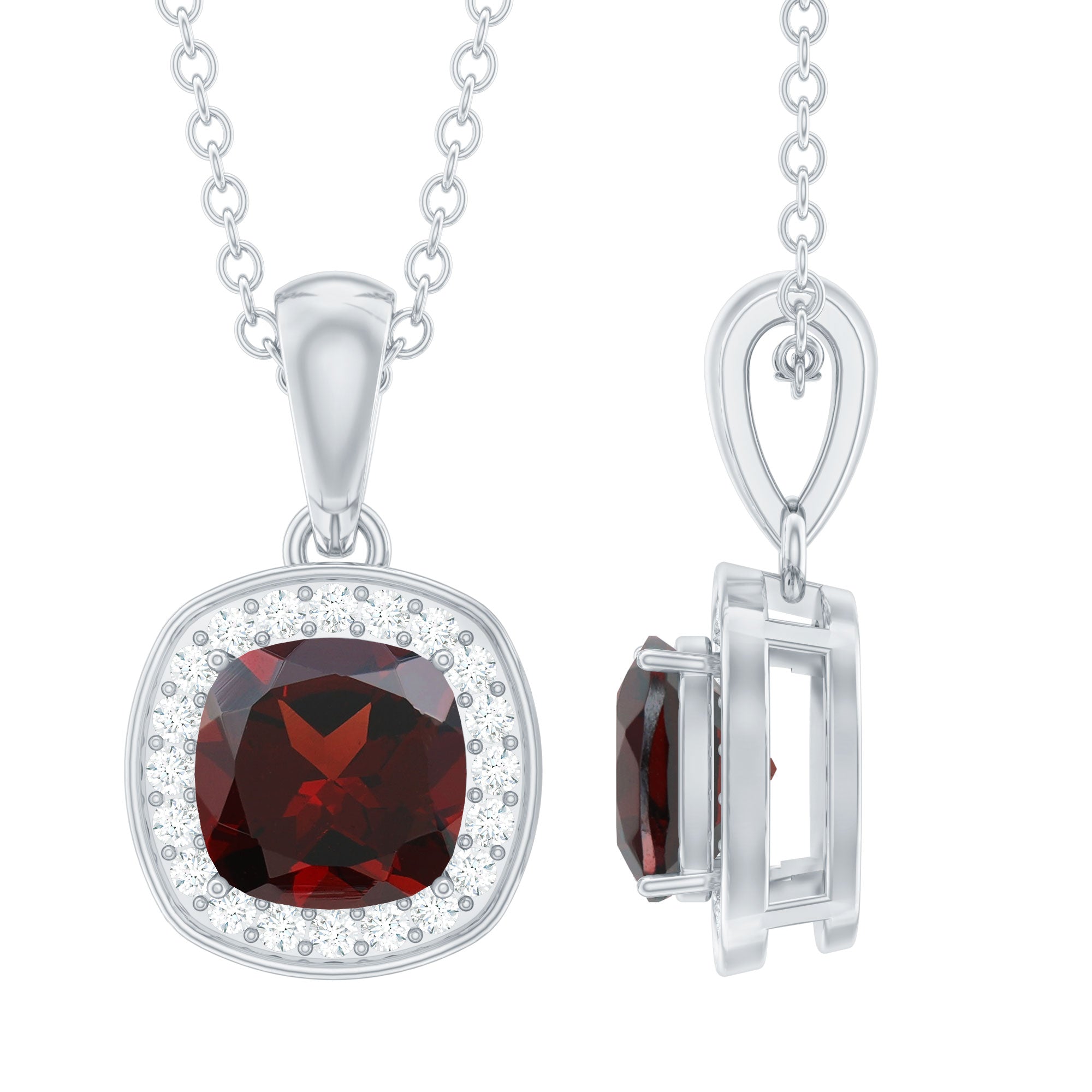 Natural 8 MM Garnet Moissanite Halo Pendant with Chain