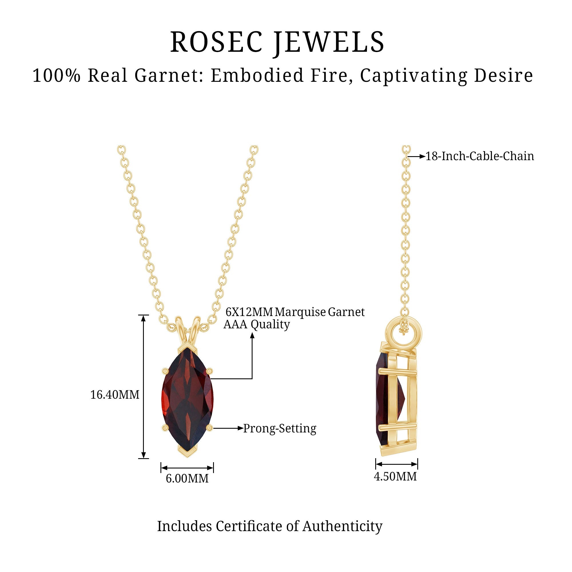 Marquise Cut 6X12 MM Real Garnet Birthstone Necklace in Gold Plated Silver