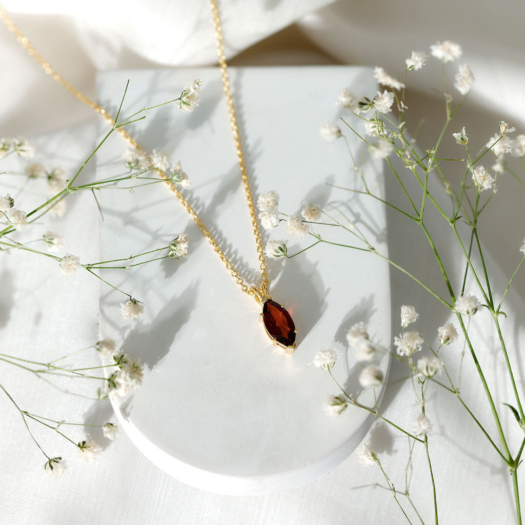 Marquise Cut 6X12 MM Real Garnet Birthstone Necklace in Gold Plated Silver