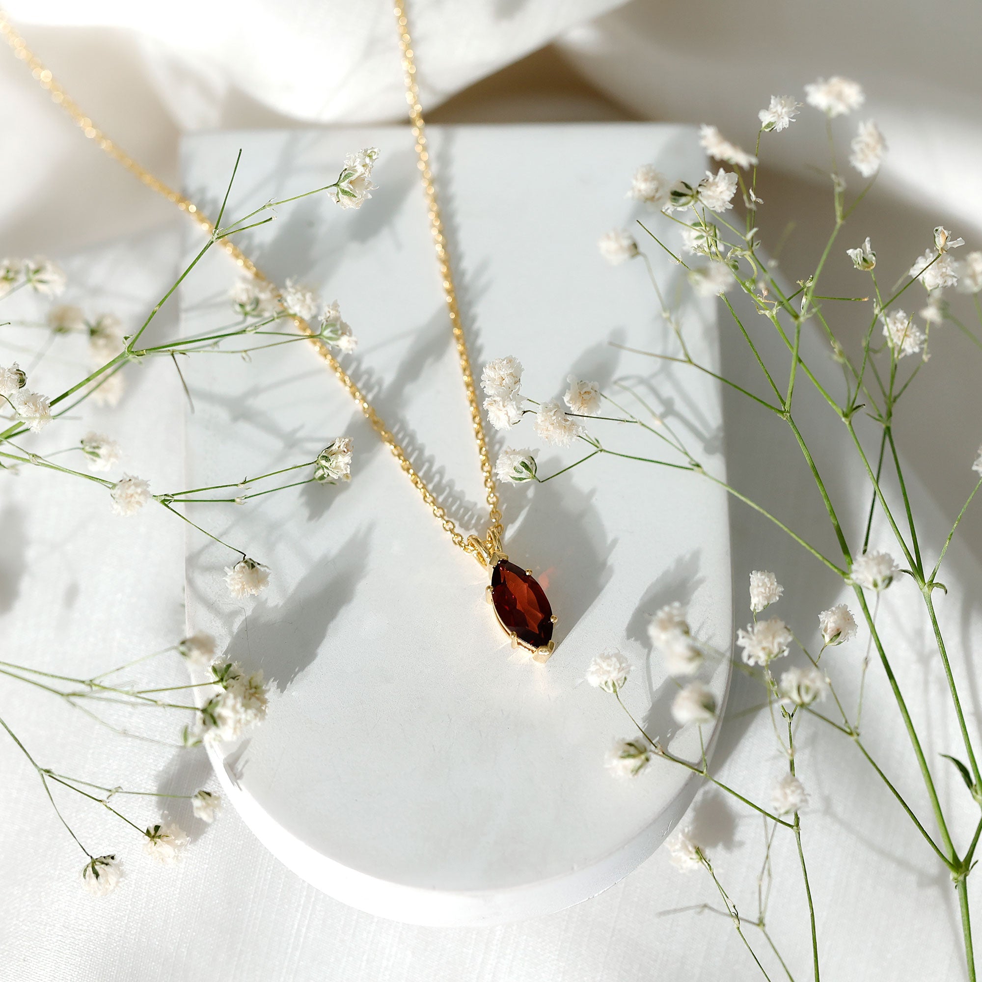 Marquise Cut 6X12 MM Real Garnet Birthstone Necklace in Gold Plated Silver