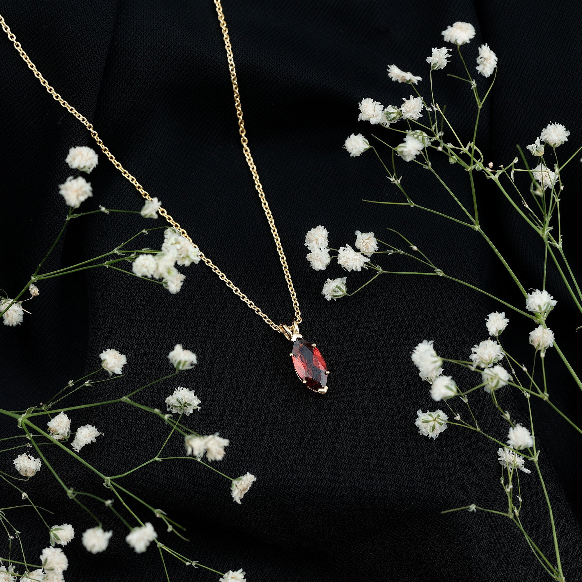 Marquise Cut 6X12 MM Real Garnet Birthstone Necklace in Gold Plated Silver