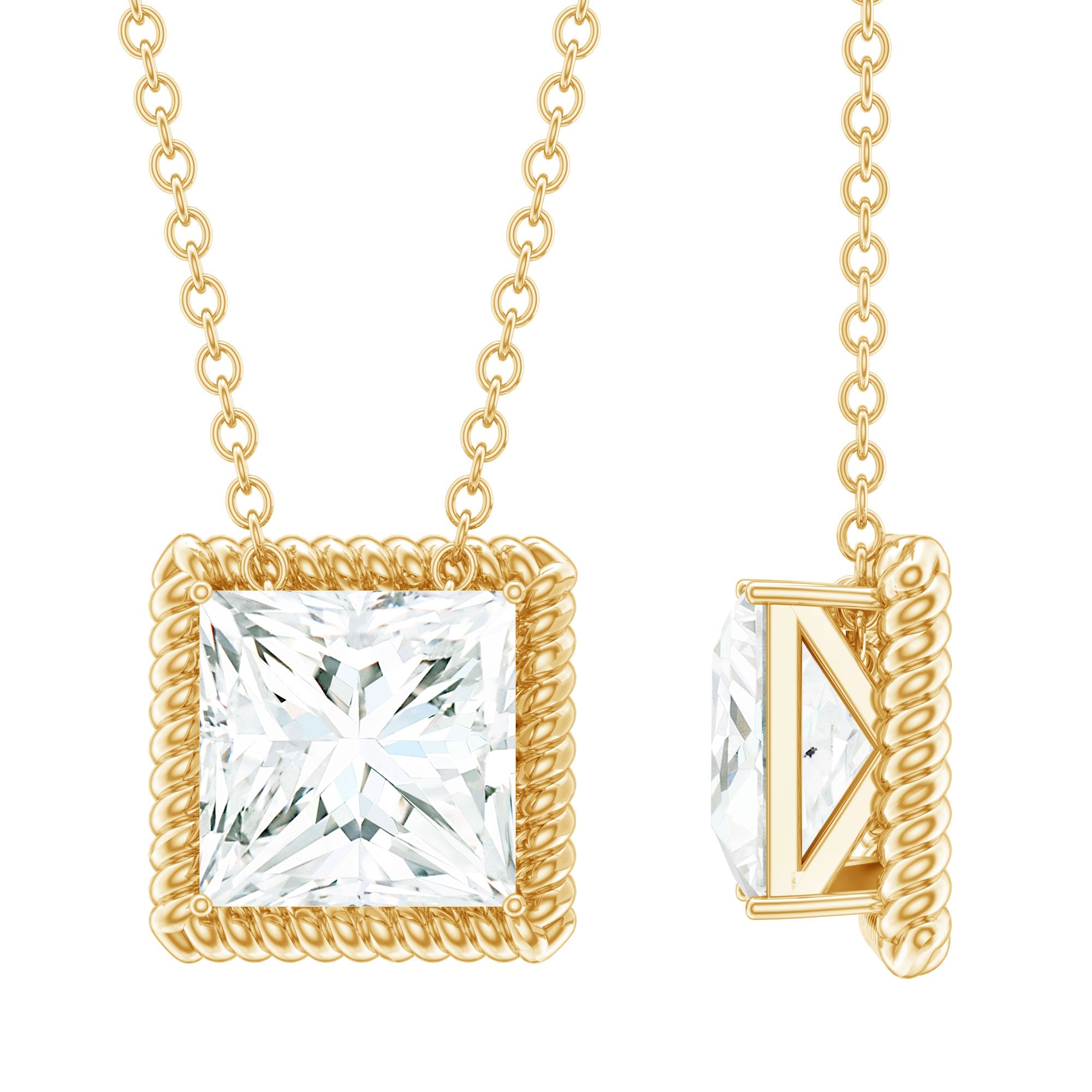 Princess Cut Moissanite Solitaire Necklace with Rope Frame