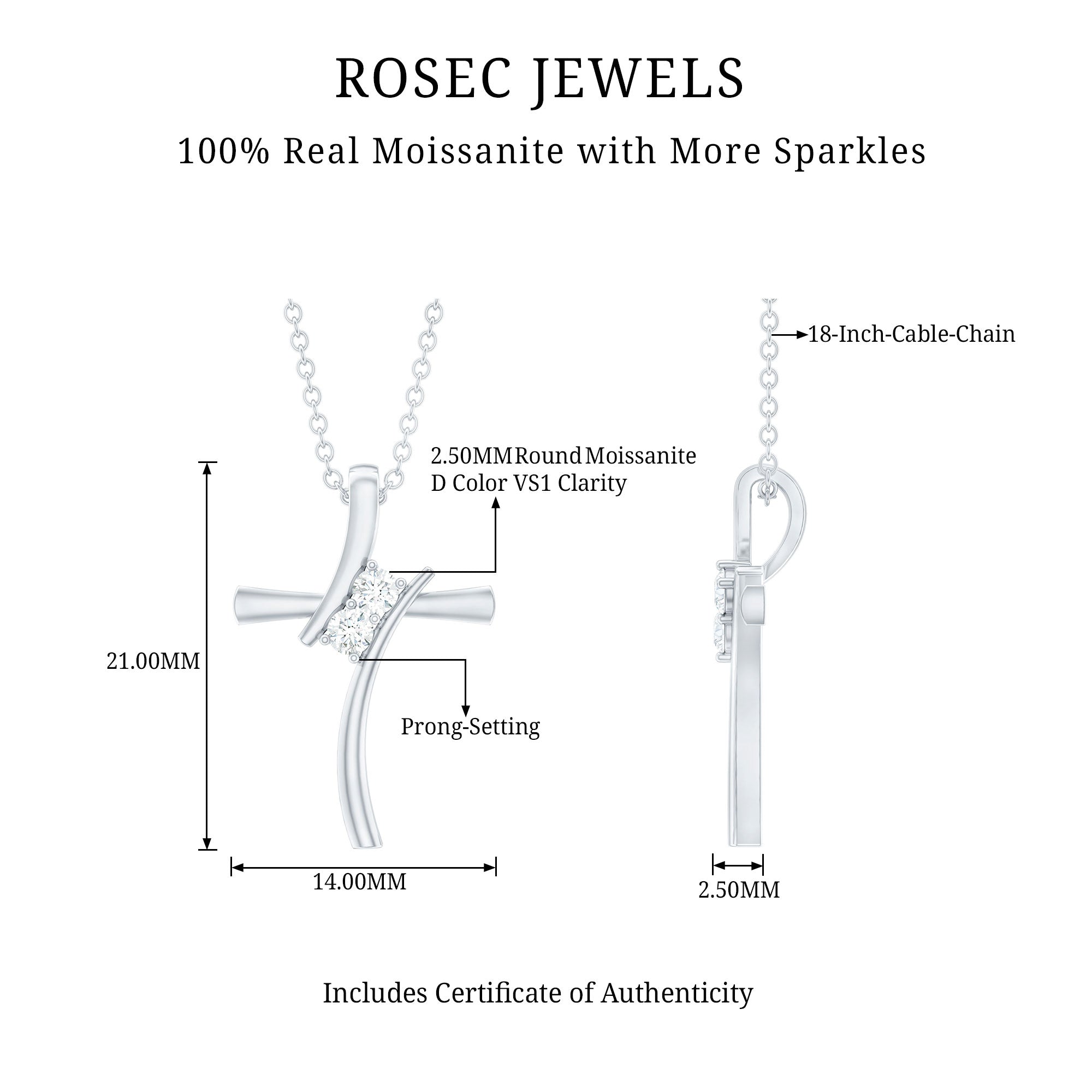 Certified Moissanite Cross Pendant Necklace in Gold Plated Silver