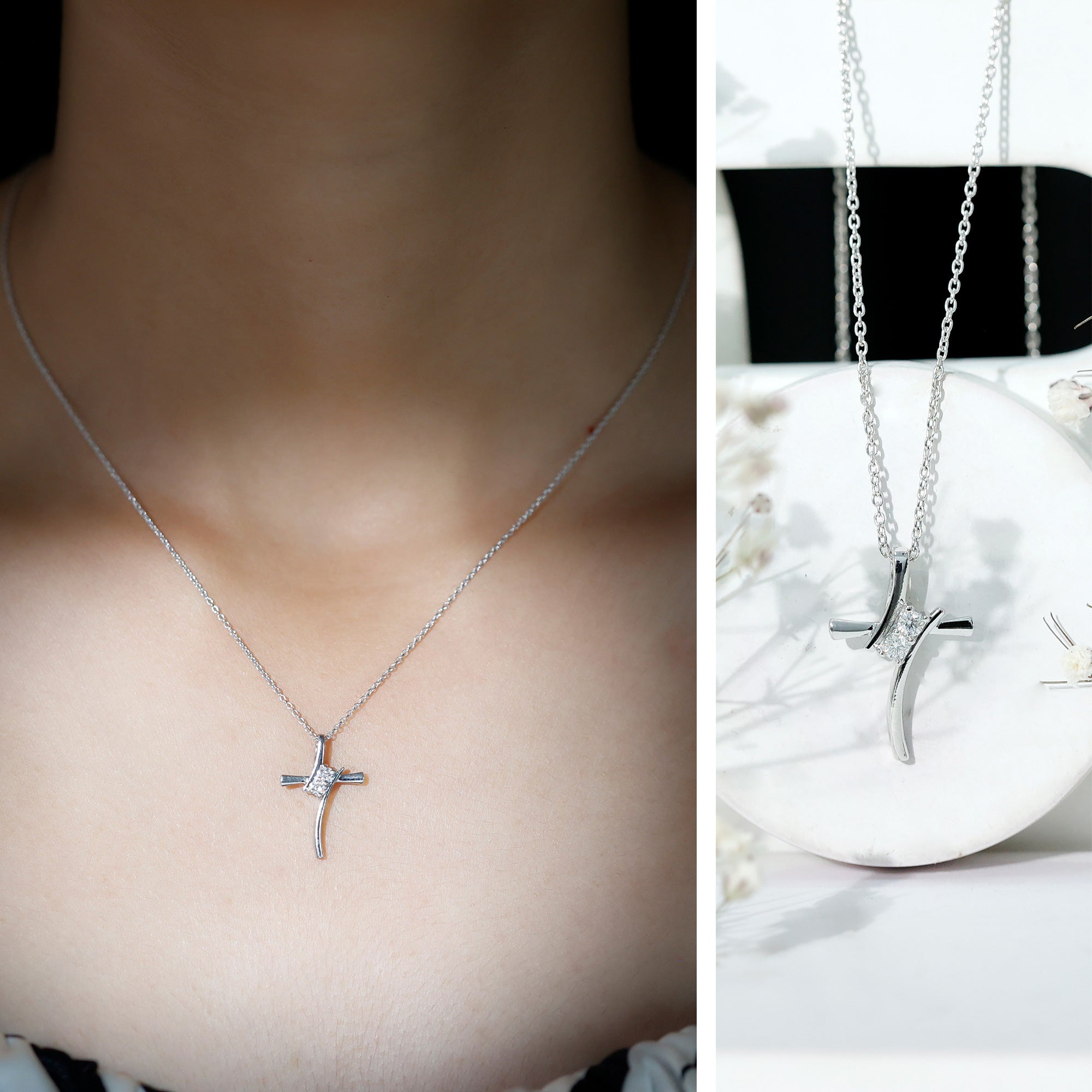 Certified Moissanite Cross Pendant Necklace in Gold Plated Silver