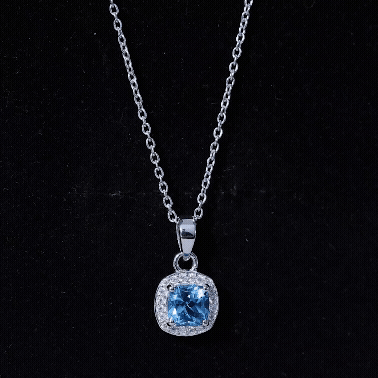 Cushion Cut Swiss Blue Topaz Moissanite Halo Necklace with Silver Chain