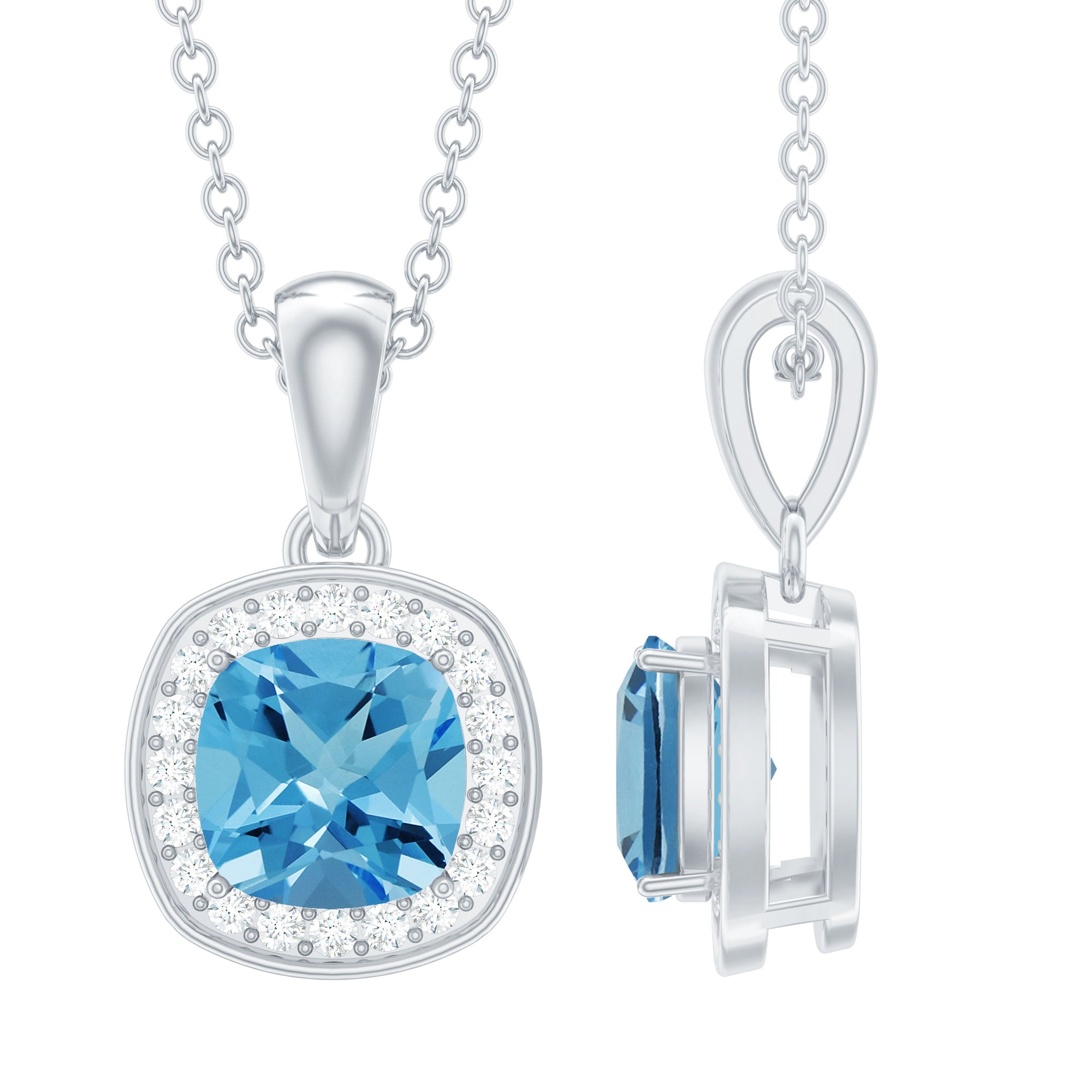 Cushion Cut Swiss Blue Topaz Moissanite Halo Necklace with Silver Chain