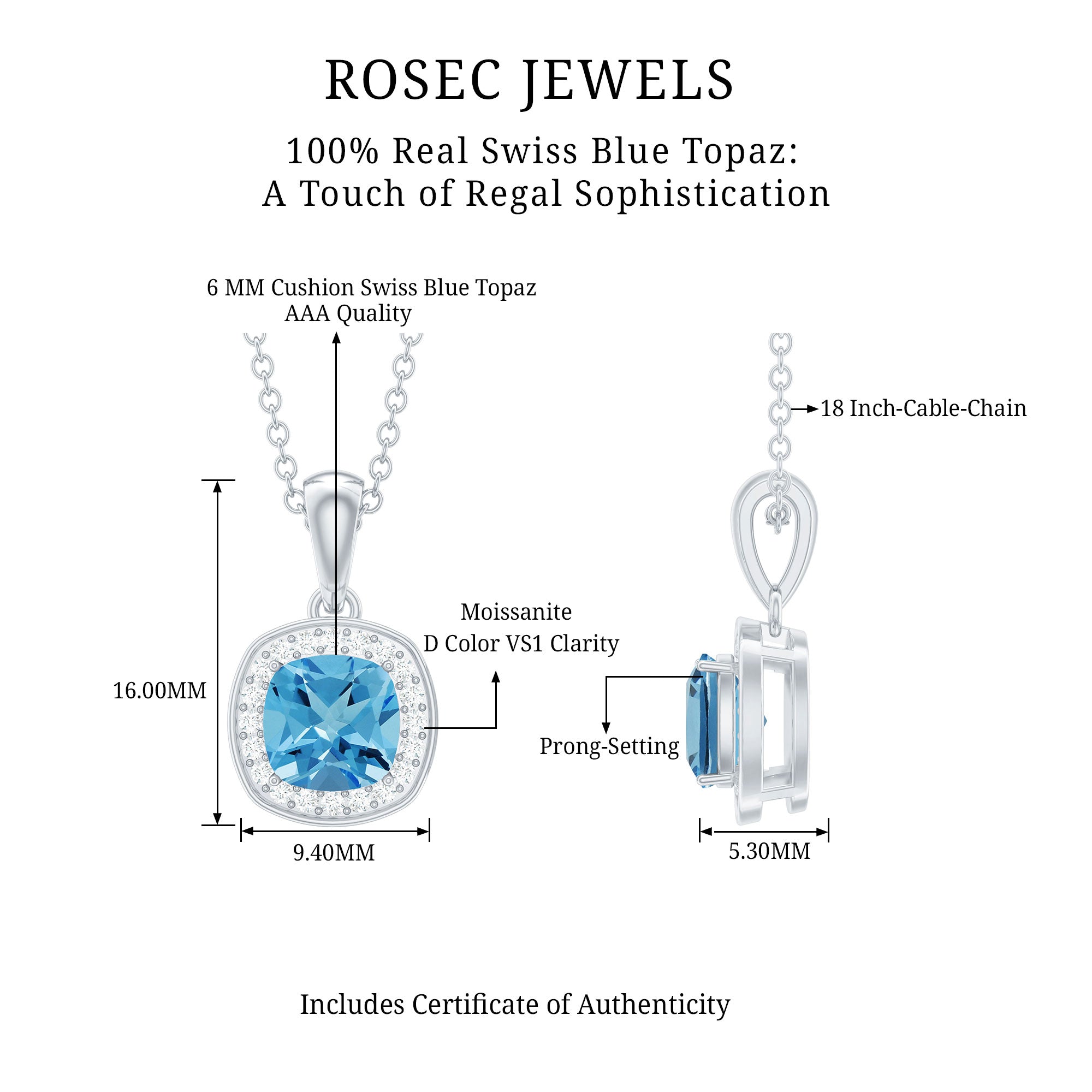 Cushion Cut Swiss Blue Topaz Moissanite Halo Necklace with Silver Chain