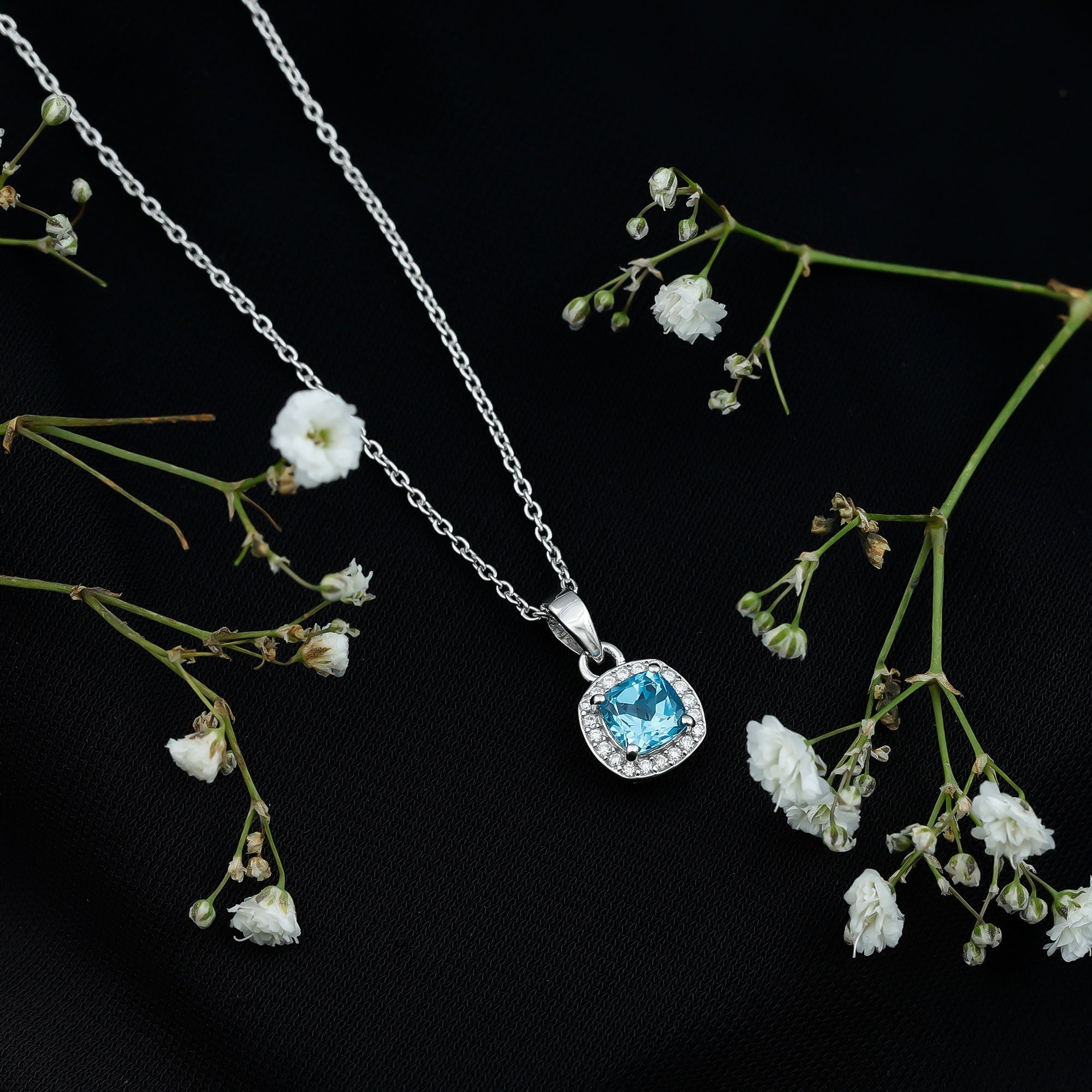 Cushion Cut Swiss Blue Topaz Moissanite Halo Necklace with Silver Chain