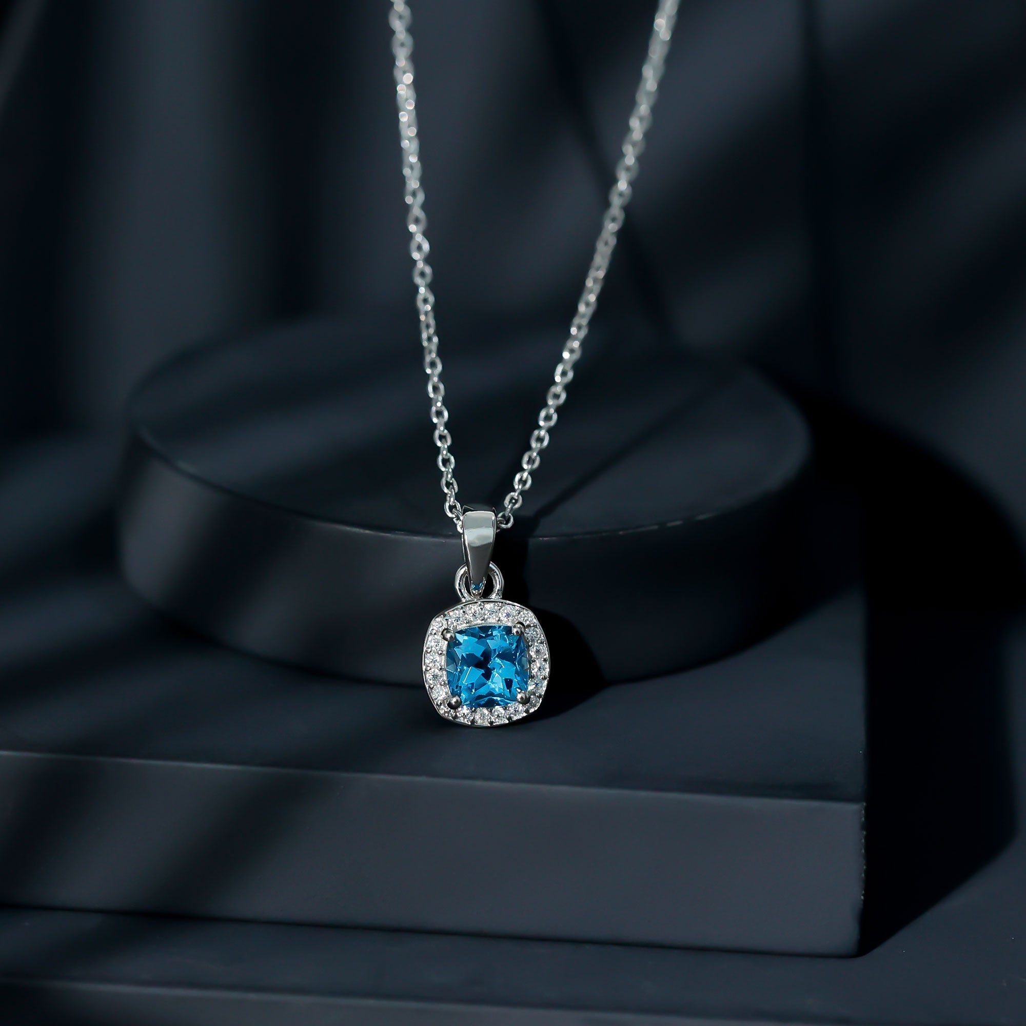 Cushion Cut Swiss Blue Topaz Moissanite Halo Necklace with Silver Chain