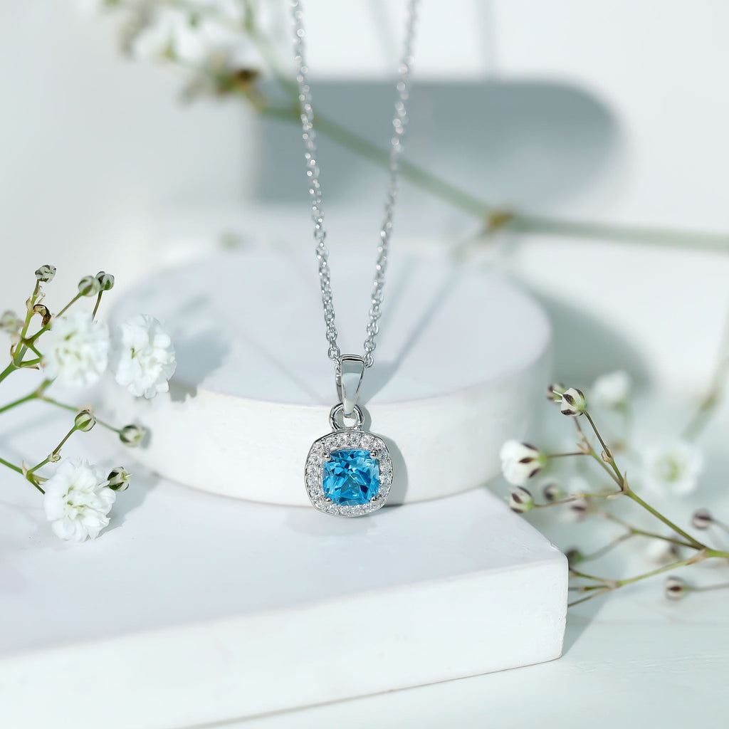 Cushion Cut Swiss Blue Topaz Moissanite Halo Necklace with Silver Chain