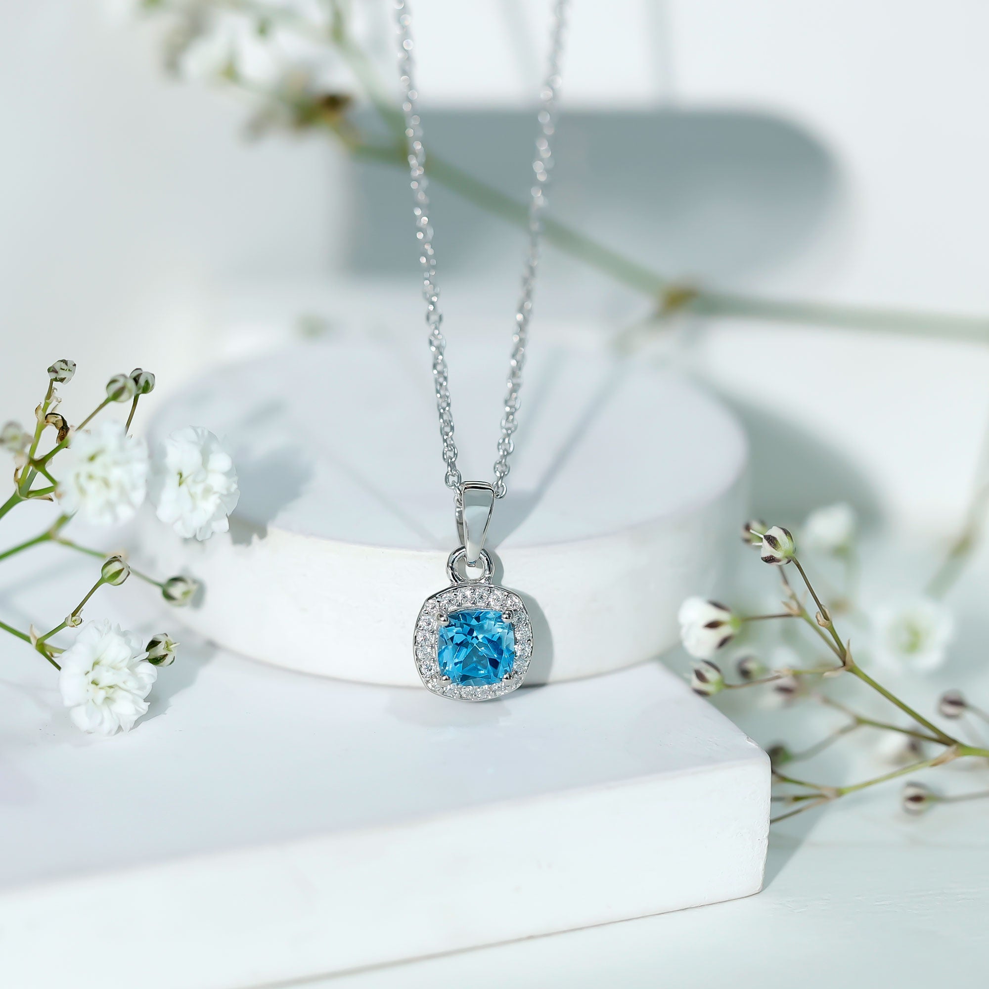 Cushion Cut Swiss Blue Topaz Moissanite Halo Necklace with Silver Chain