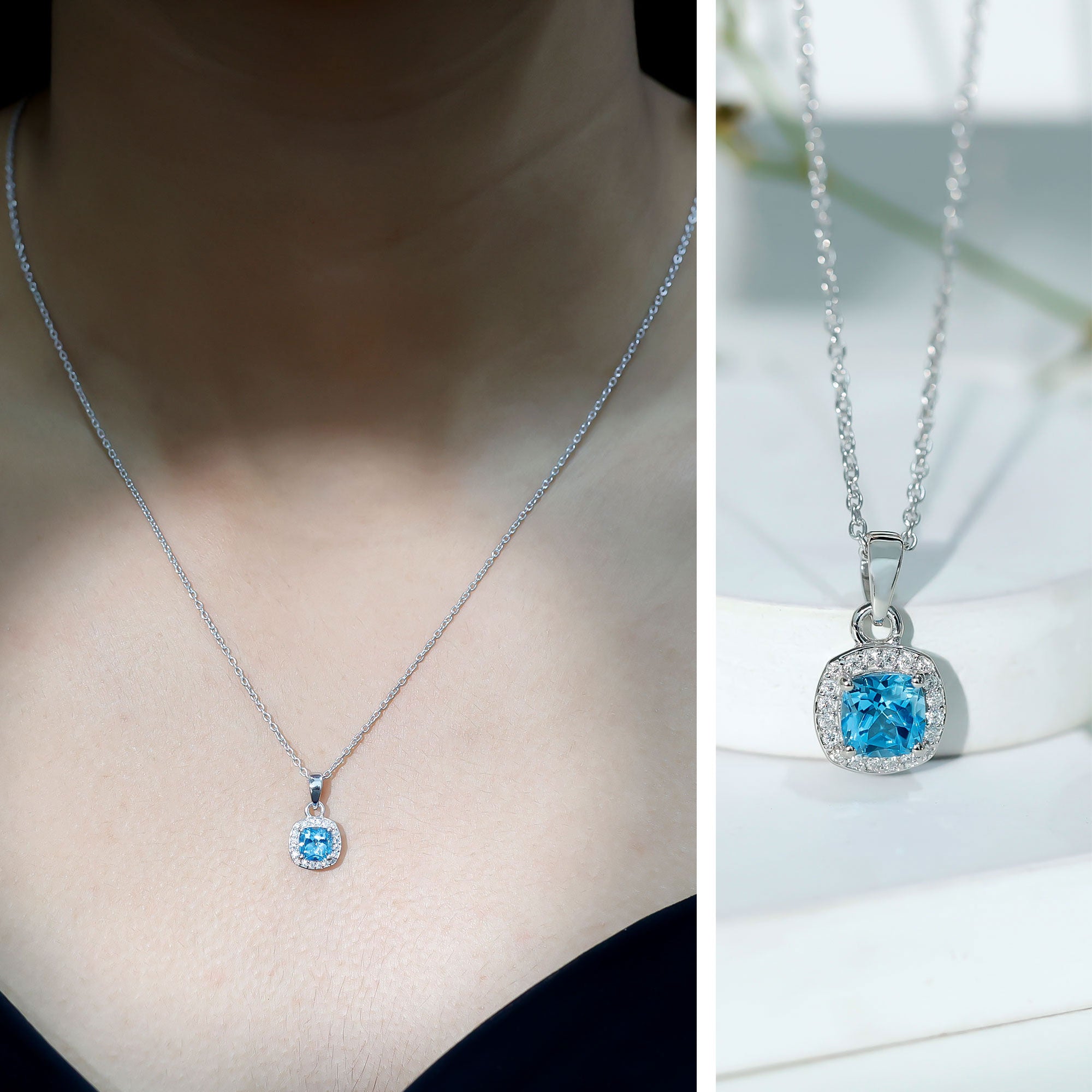 Cushion Cut Swiss Blue Topaz Moissanite Halo Necklace with Silver Chain