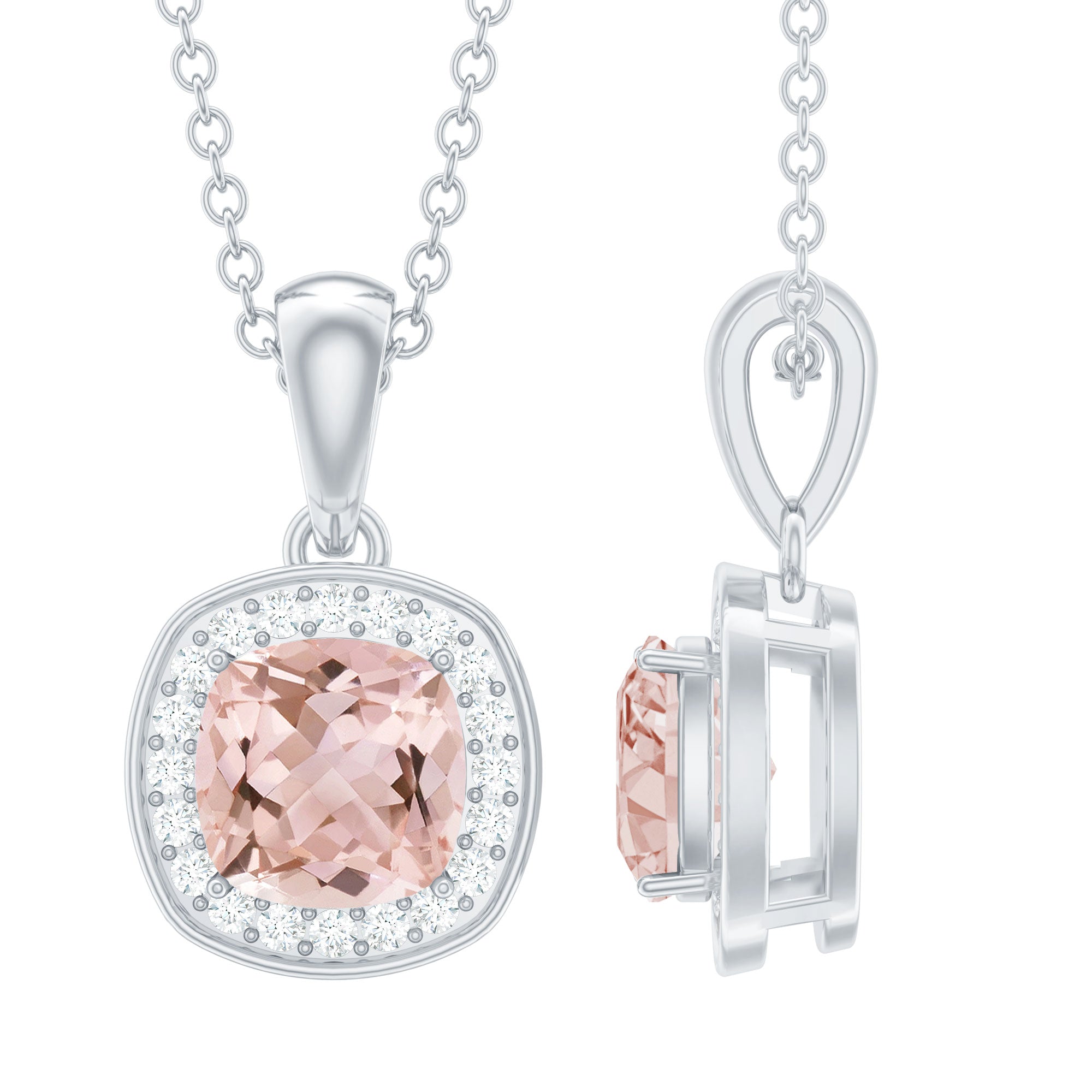 Natural Cushion 6 MM Morganite Necklace with Moissanite Halo