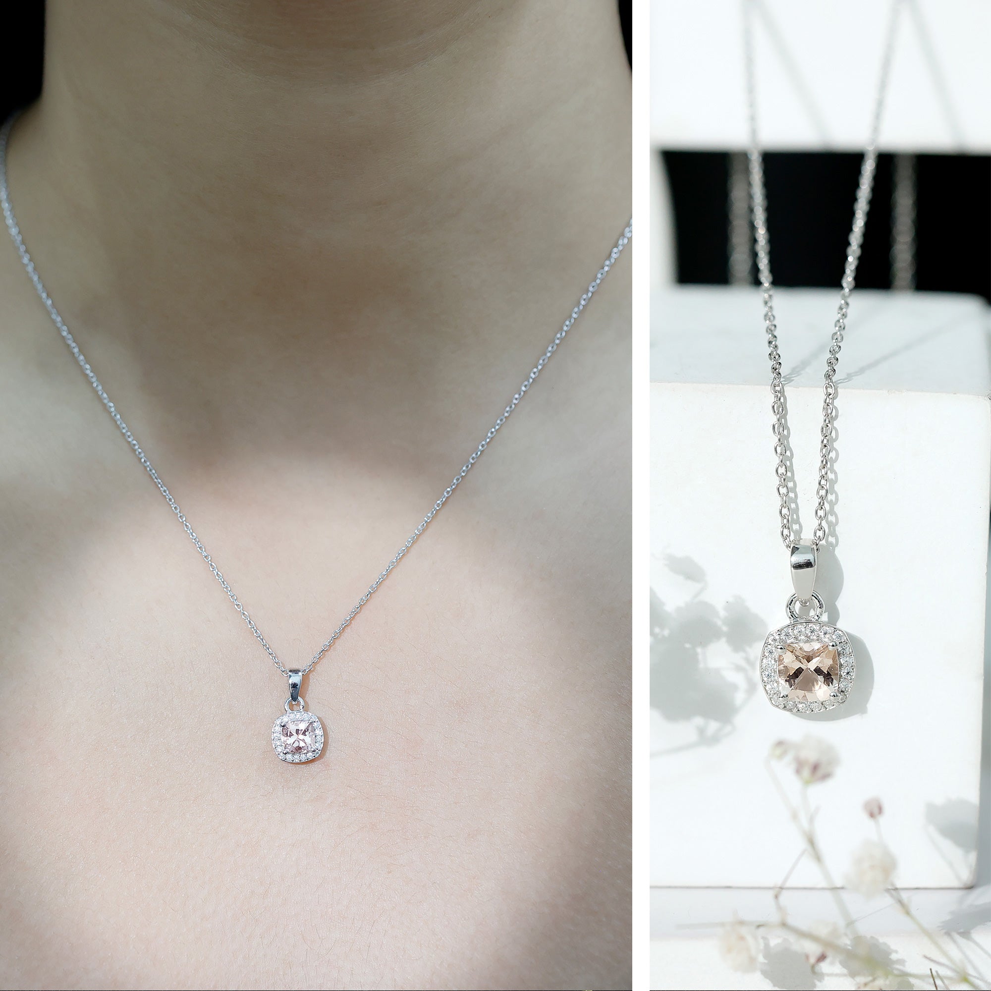 Natural Cushion 6 MM Morganite Necklace with Moissanite Halo