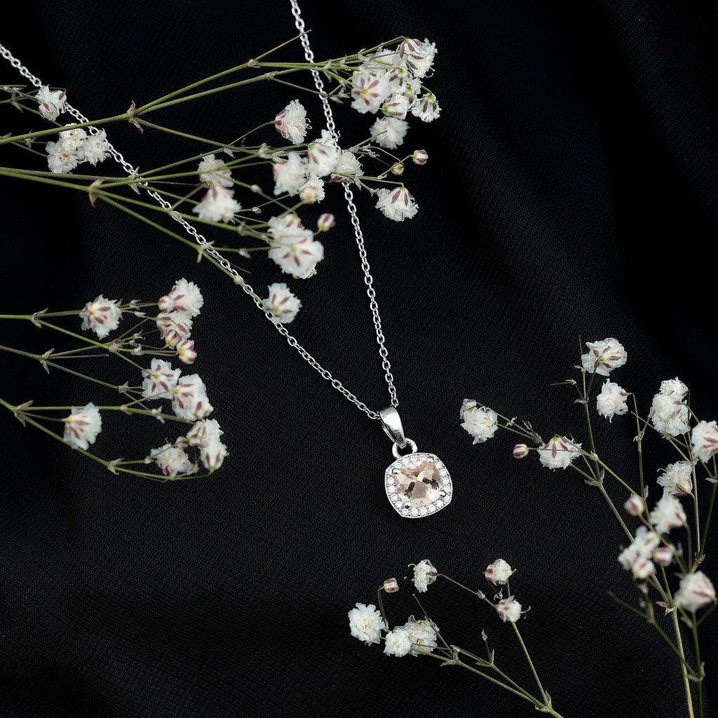 Natural Cushion 6 MM Morganite Necklace with Moissanite Halo