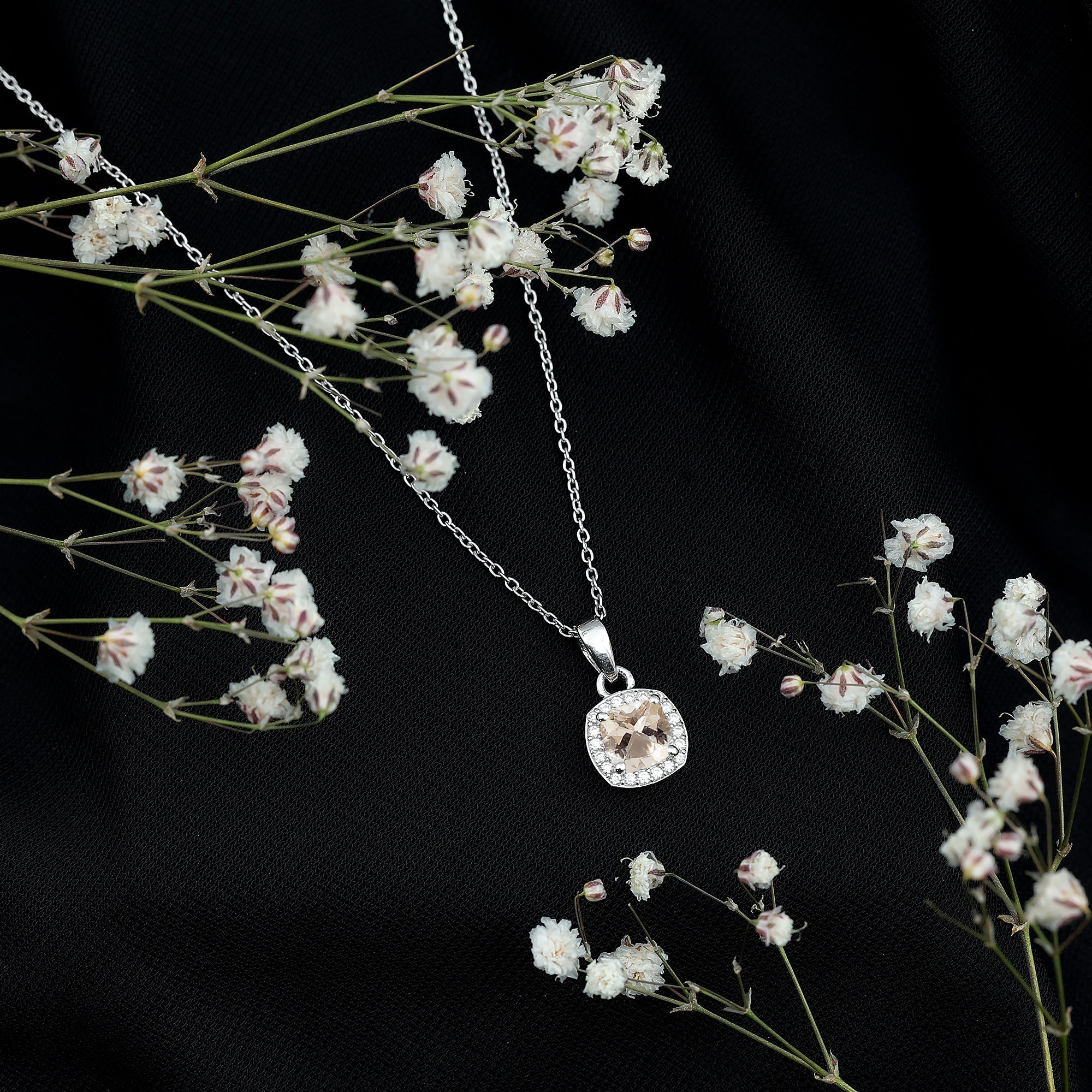 Natural Cushion 6 MM Morganite Necklace with Moissanite Halo