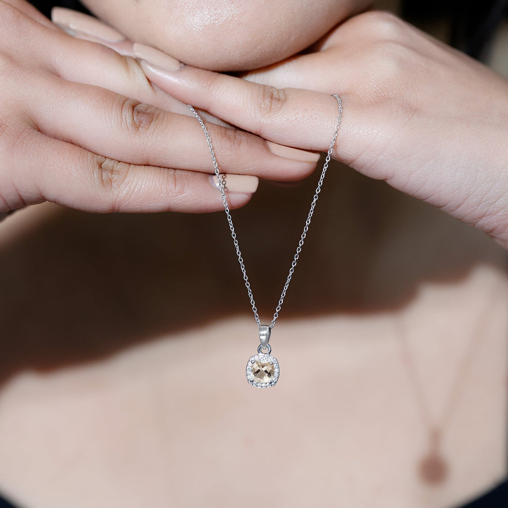 Natural Cushion 6 MM Morganite Necklace with Moissanite Halo