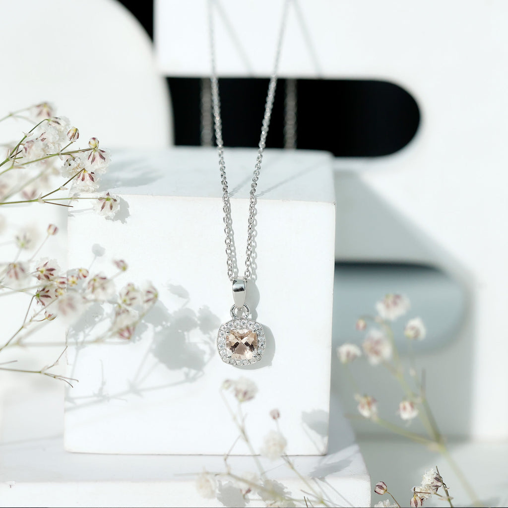 Natural Cushion 6 MM Morganite Necklace with Moissanite Halo