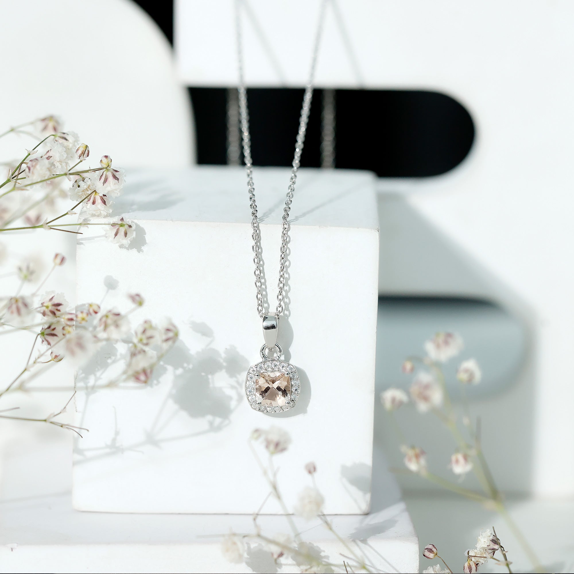 Natural Cushion 6 MM Morganite Necklace with Moissanite Halo