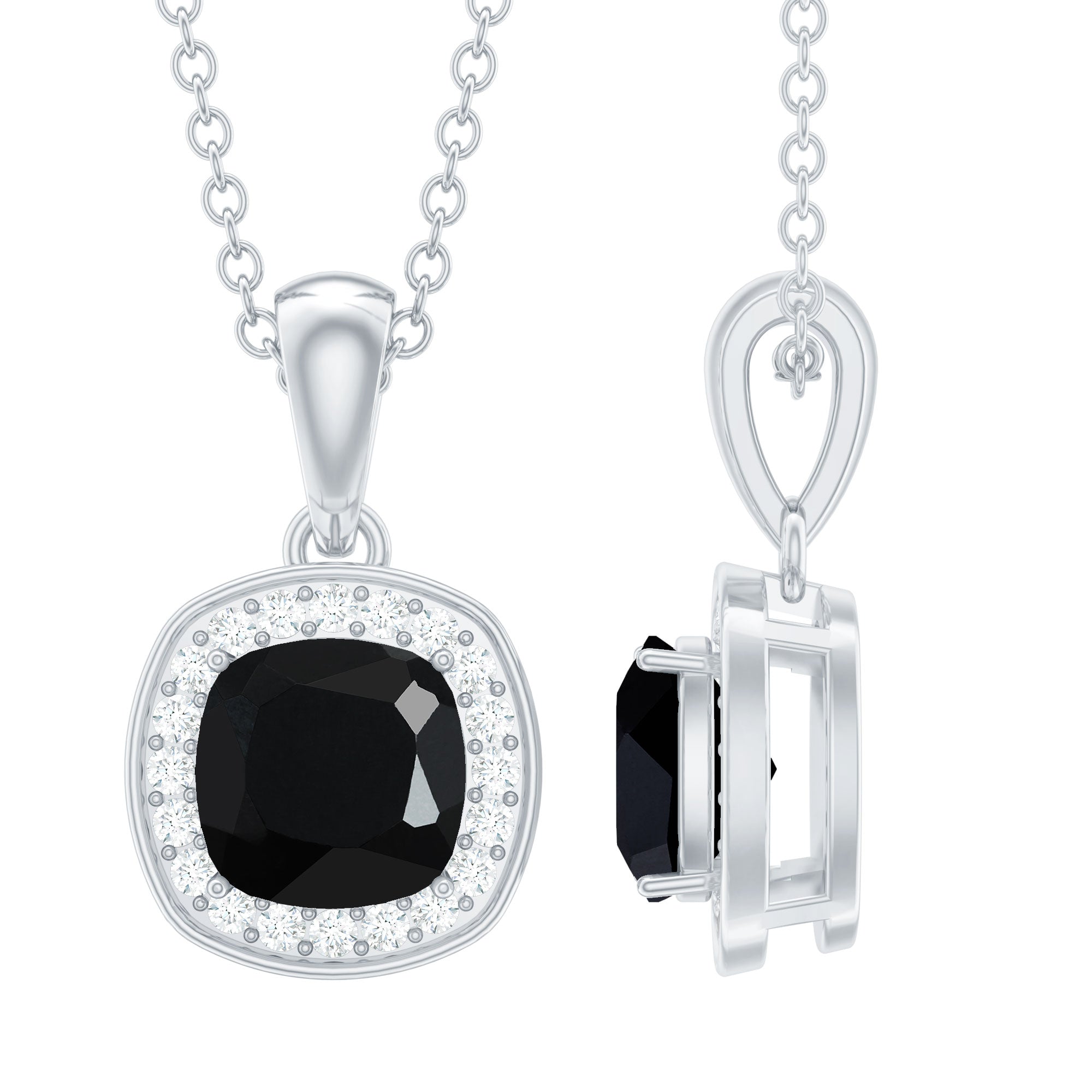Certified 8 MM Cushion Cut Black Spinel Moissanite Halo Necklace