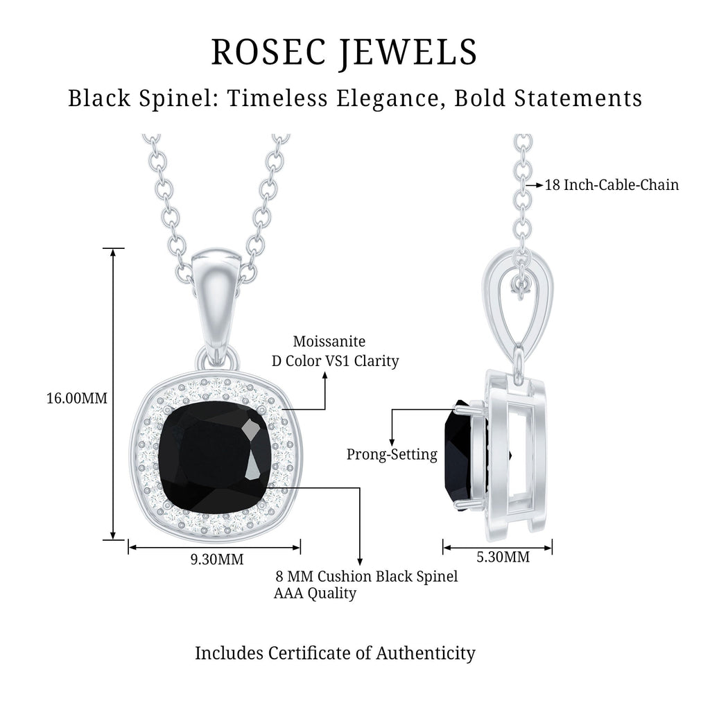 Certified 8 MM Cushion Cut Black Spinel Moissanite Halo Necklace