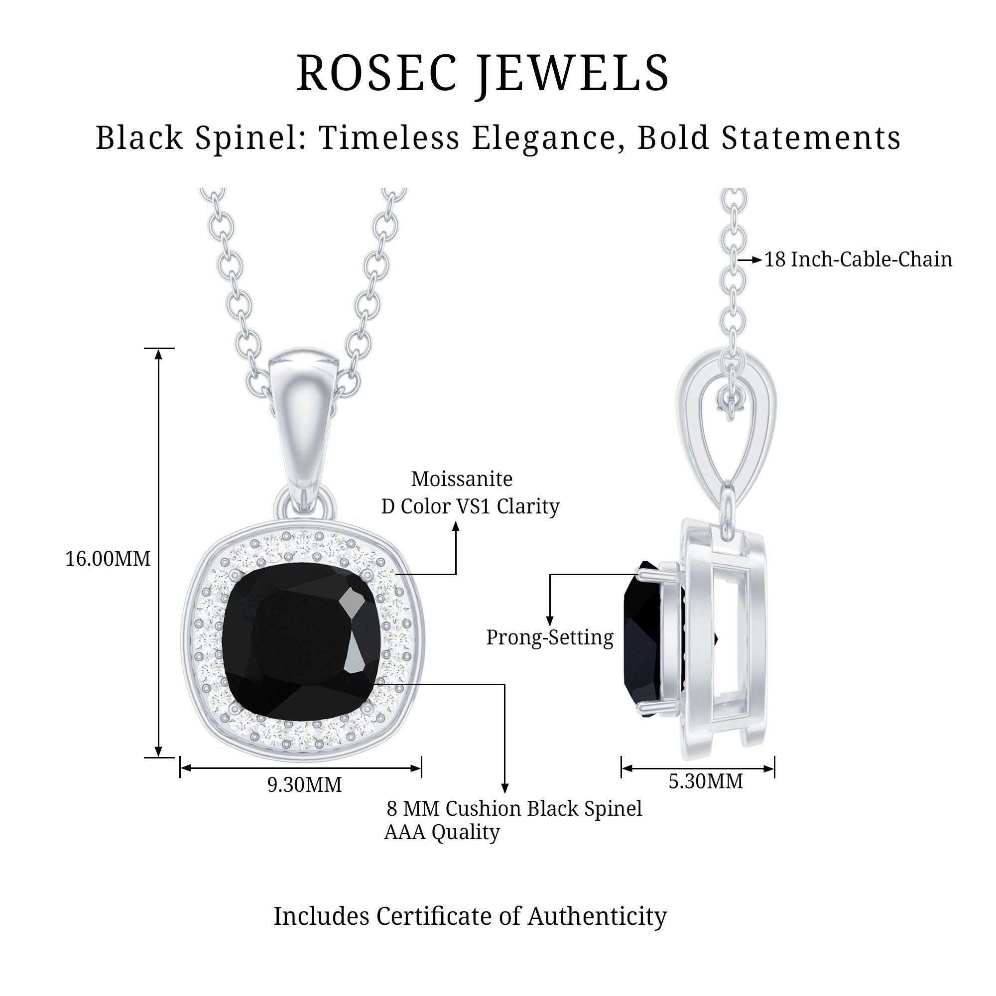 Certified 8 MM Cushion Cut Black Spinel Moissanite Halo Necklace