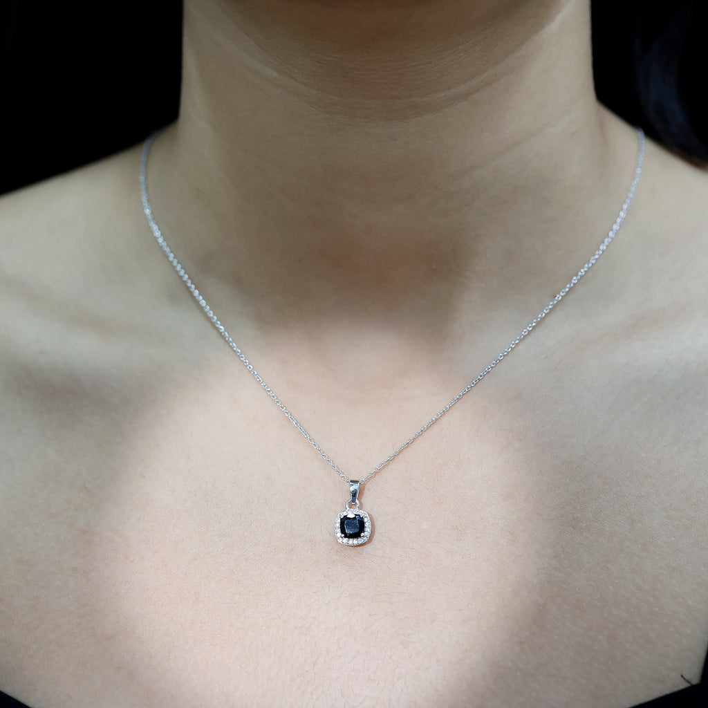 Certified 8 MM Cushion Cut Black Spinel Moissanite Halo Necklace
