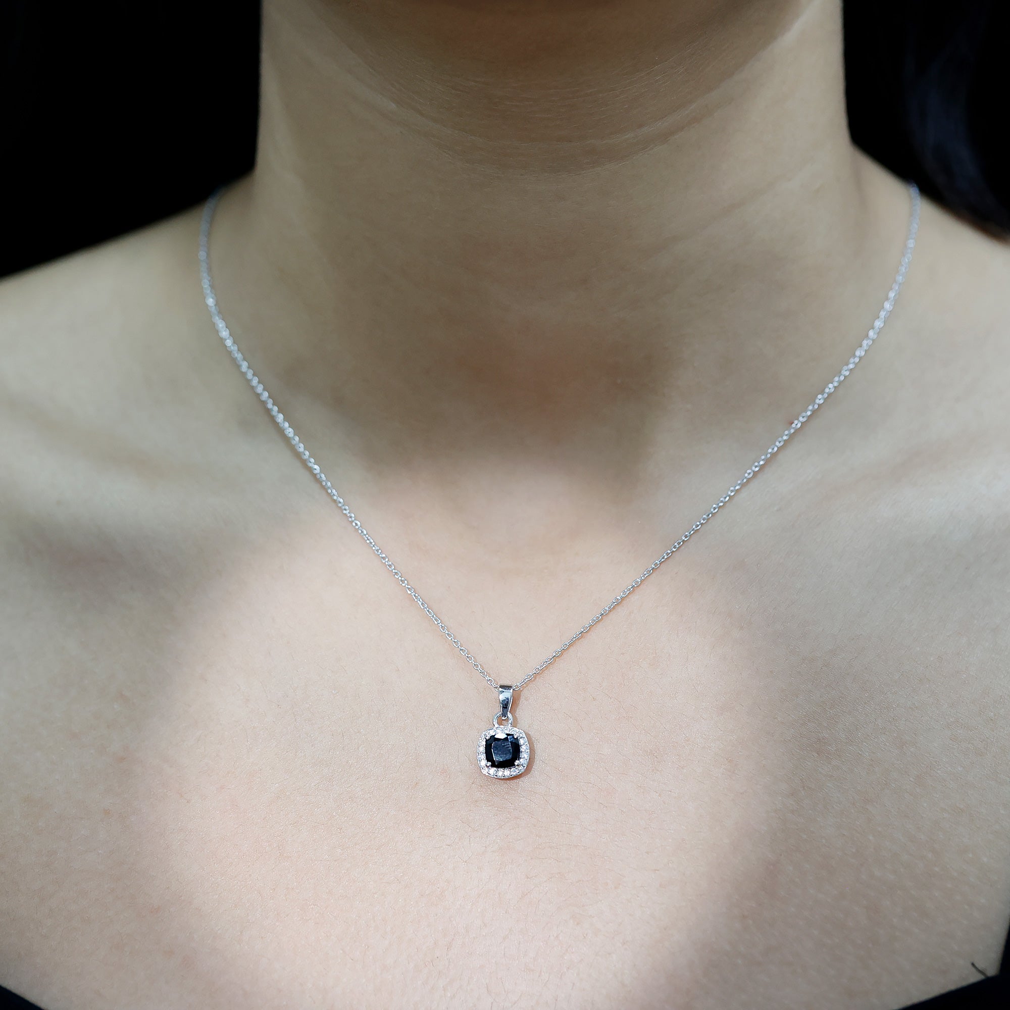 Certified 8 MM Cushion Cut Black Spinel Moissanite Halo Necklace