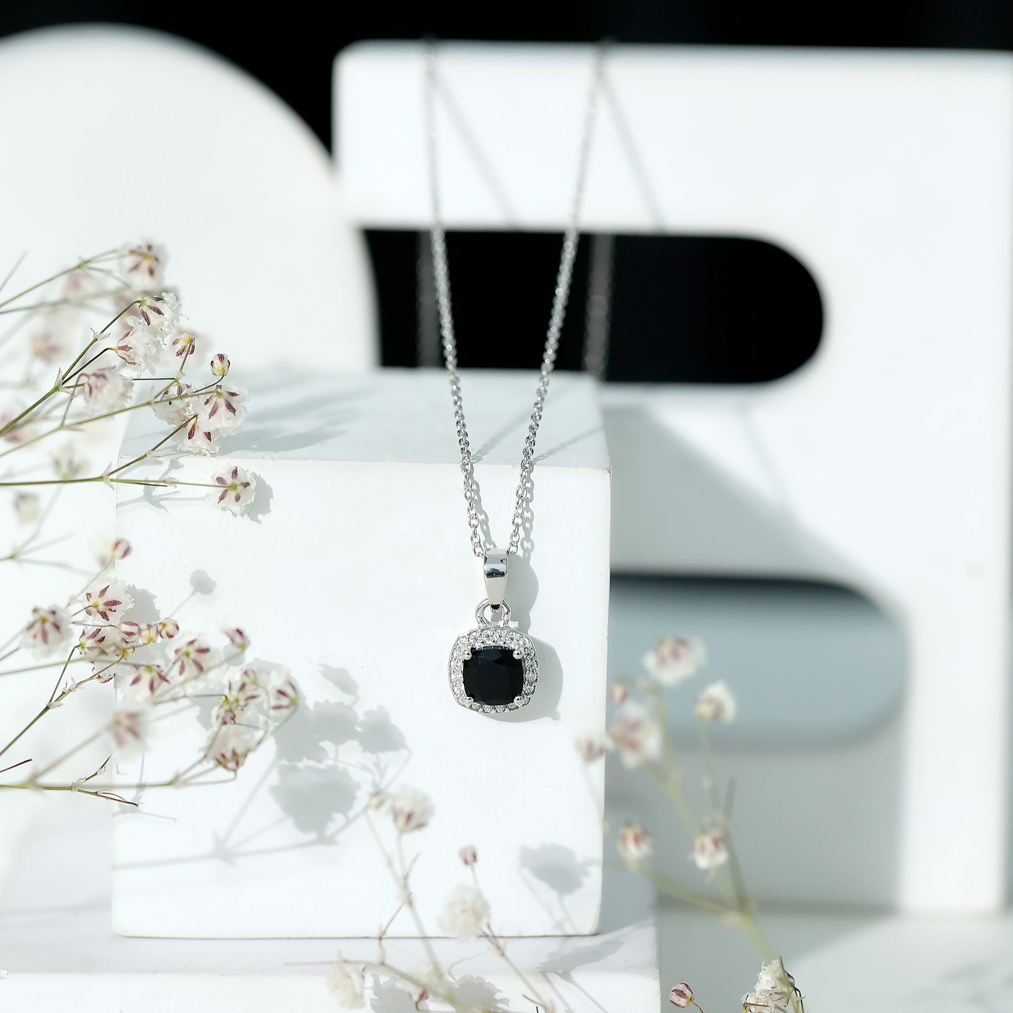 Certified 8 MM Cushion Cut Black Spinel Moissanite Halo Necklace