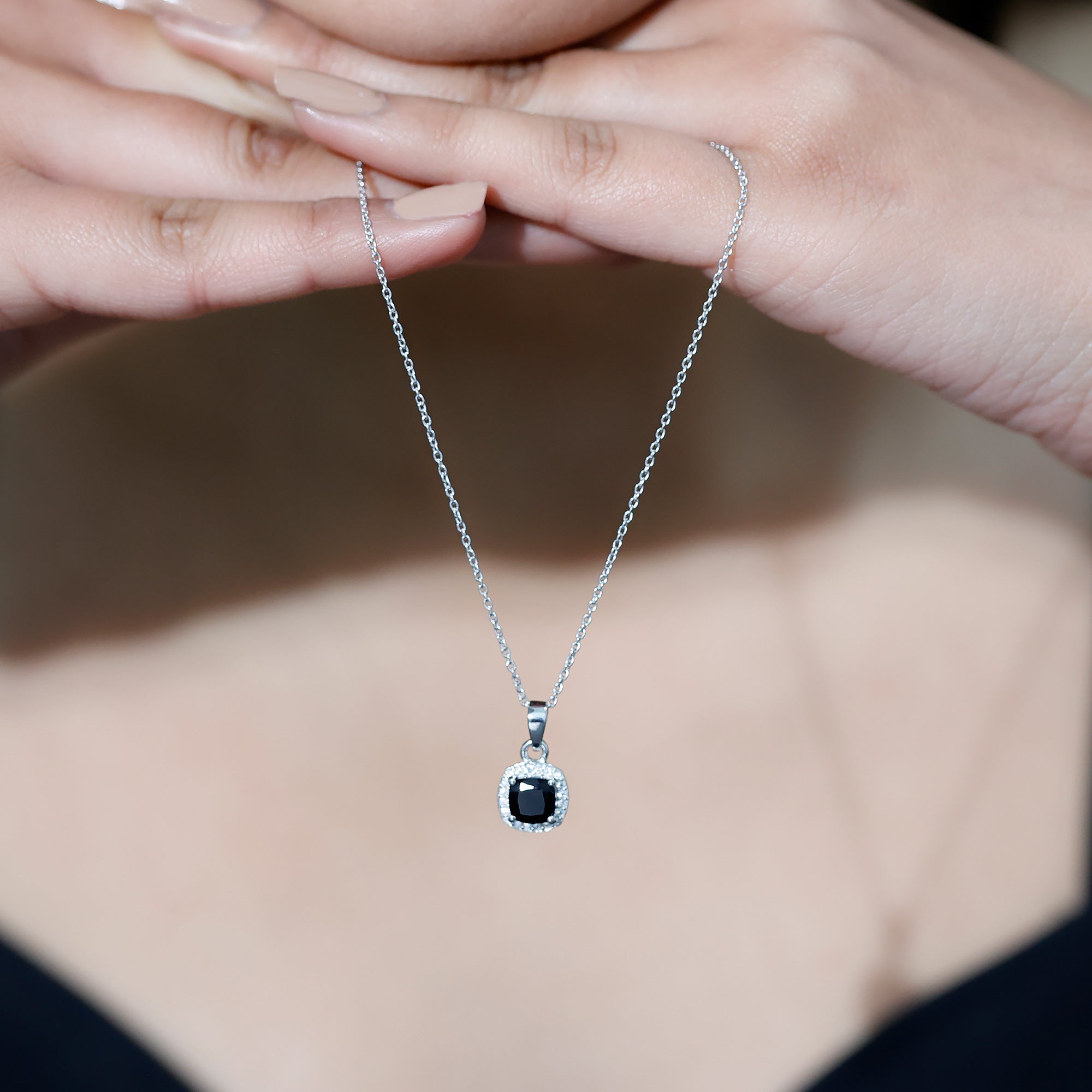 Certified 8 MM Cushion Cut Black Spinel Moissanite Halo Necklace