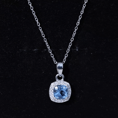 Cushion Cut 6 MM Aquamarine and Moissanite Halo Necklace in Silver