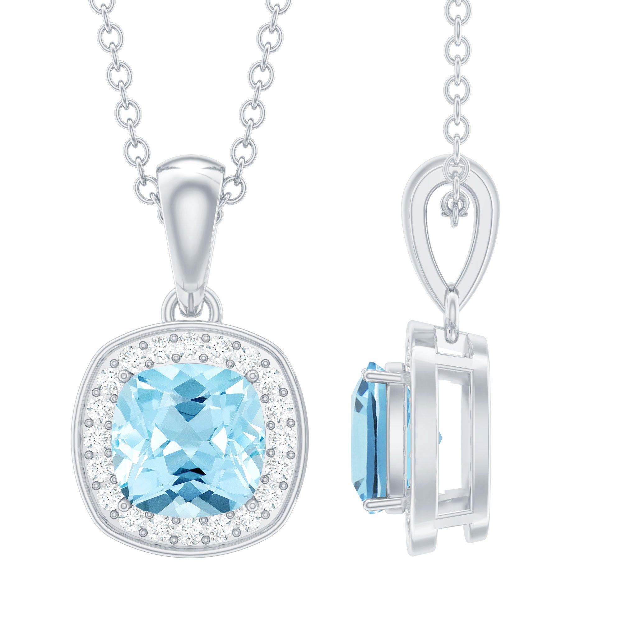 Cushion Cut 6 MM Aquamarine and Moissanite Halo Necklace in Silver