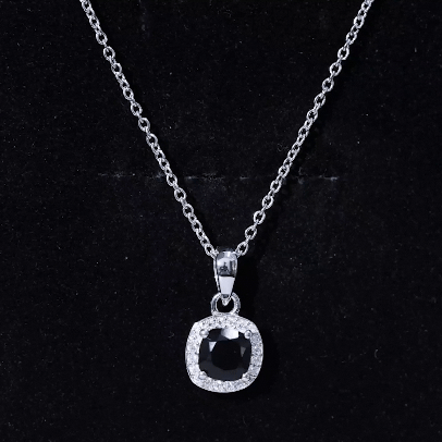 Cushion Cut 8 MM Black Onyx and Moissanite Halo Necklace with Silver Chain