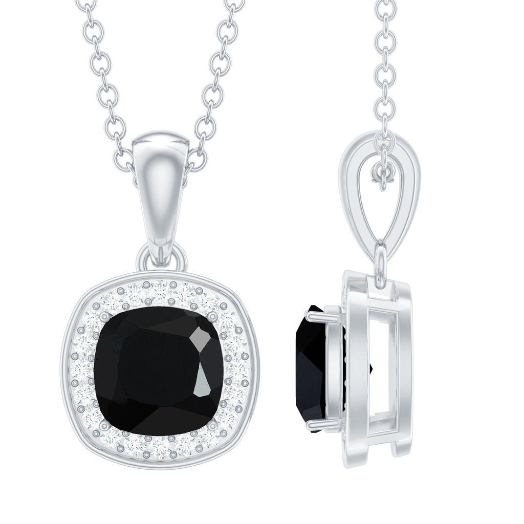 Cushion Cut 8 MM Black Onyx and Moissanite Halo Necklace with Silver Chain