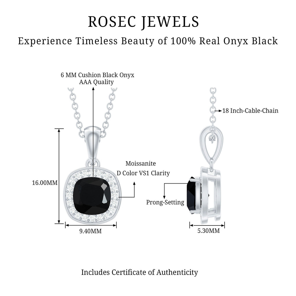 Cushion Cut 8 MM Black Onyx and Moissanite Halo Necklace with Silver Chain