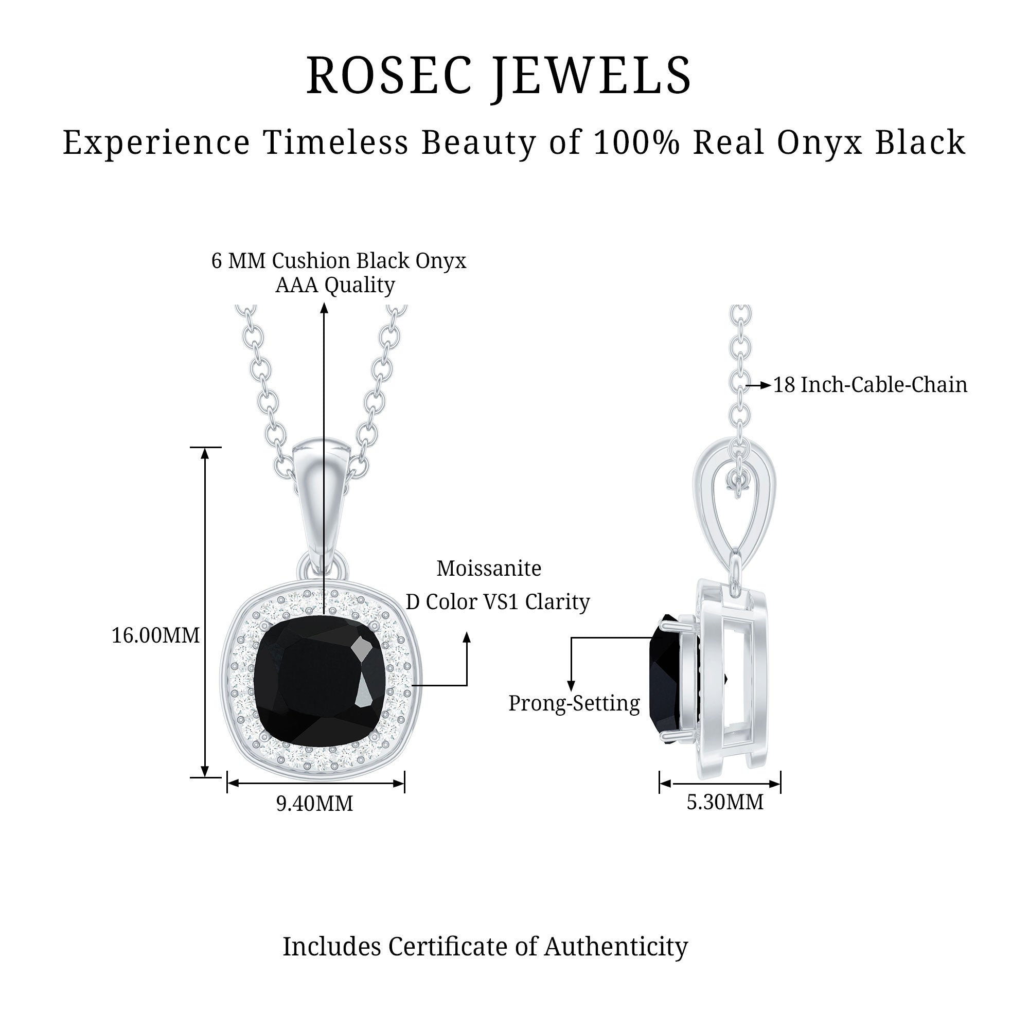 Cushion Cut 8 MM Black Onyx and Moissanite Halo Necklace with Silver Chain