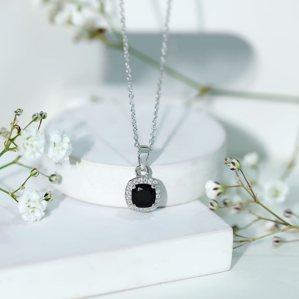 Cushion Cut 8 MM Black Onyx and Moissanite Halo Necklace with Silver Chain
