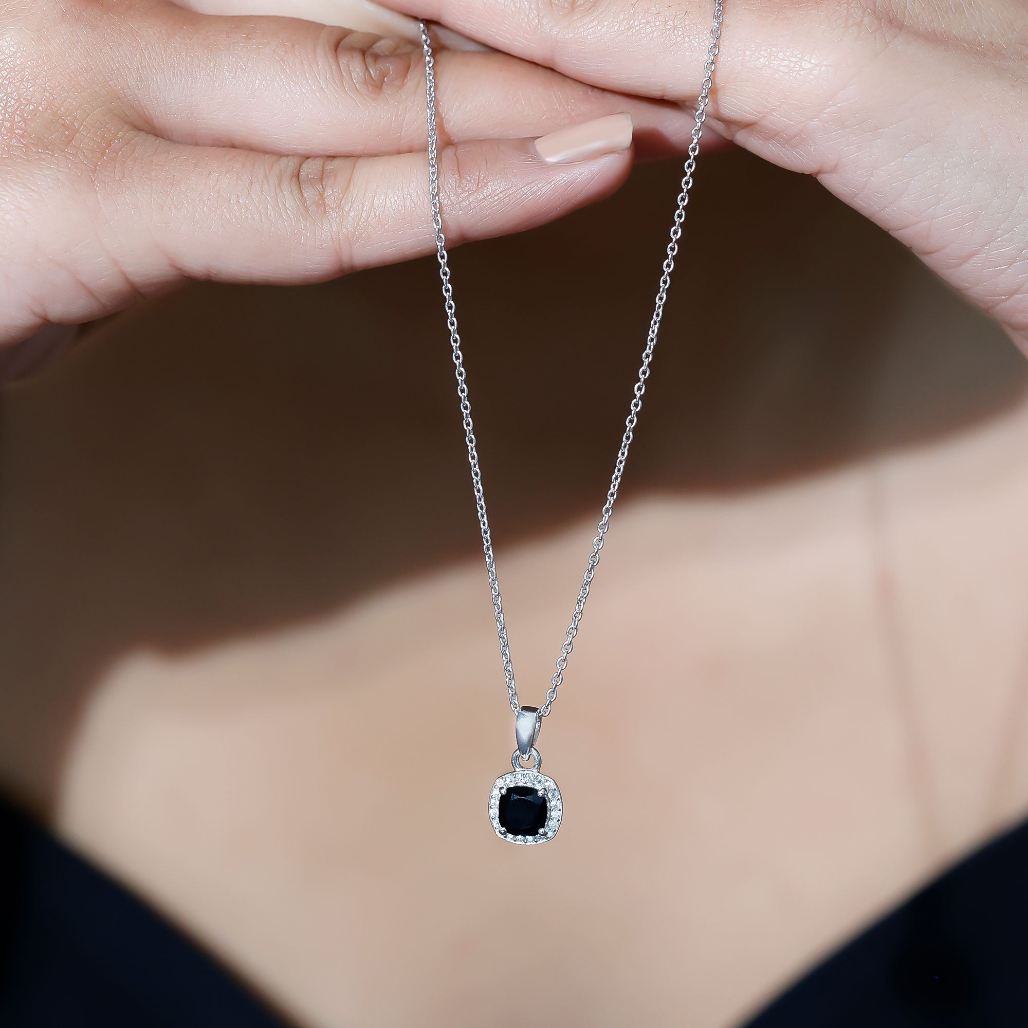 Cushion Cut 8 MM Black Onyx and Moissanite Halo Necklace with Silver Chain