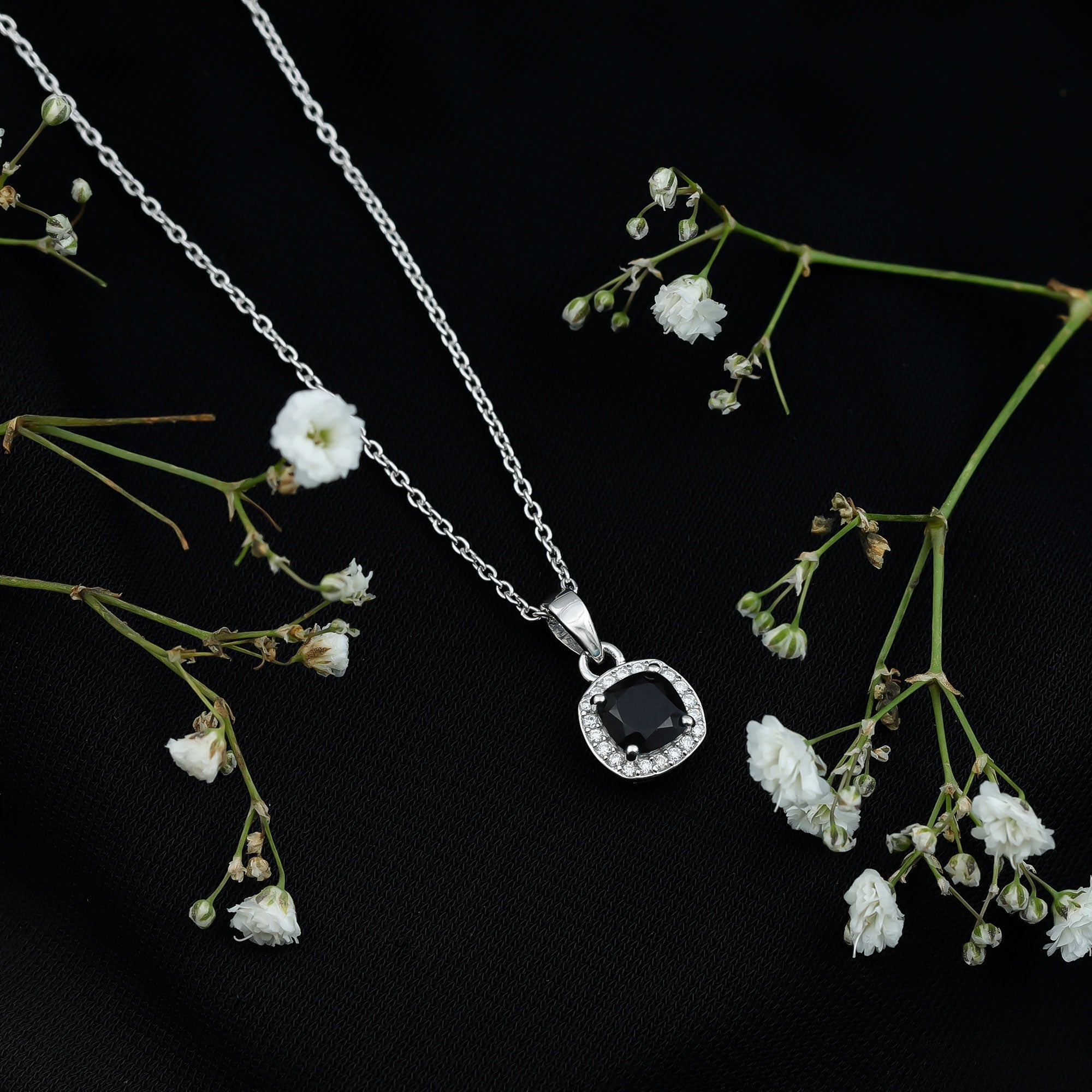 Cushion Cut 8 MM Black Onyx and Moissanite Halo Necklace with Silver Chain