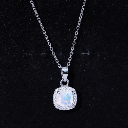Cushion Cut Rainbow Opal and Moissanite Halo Pendant Necklace